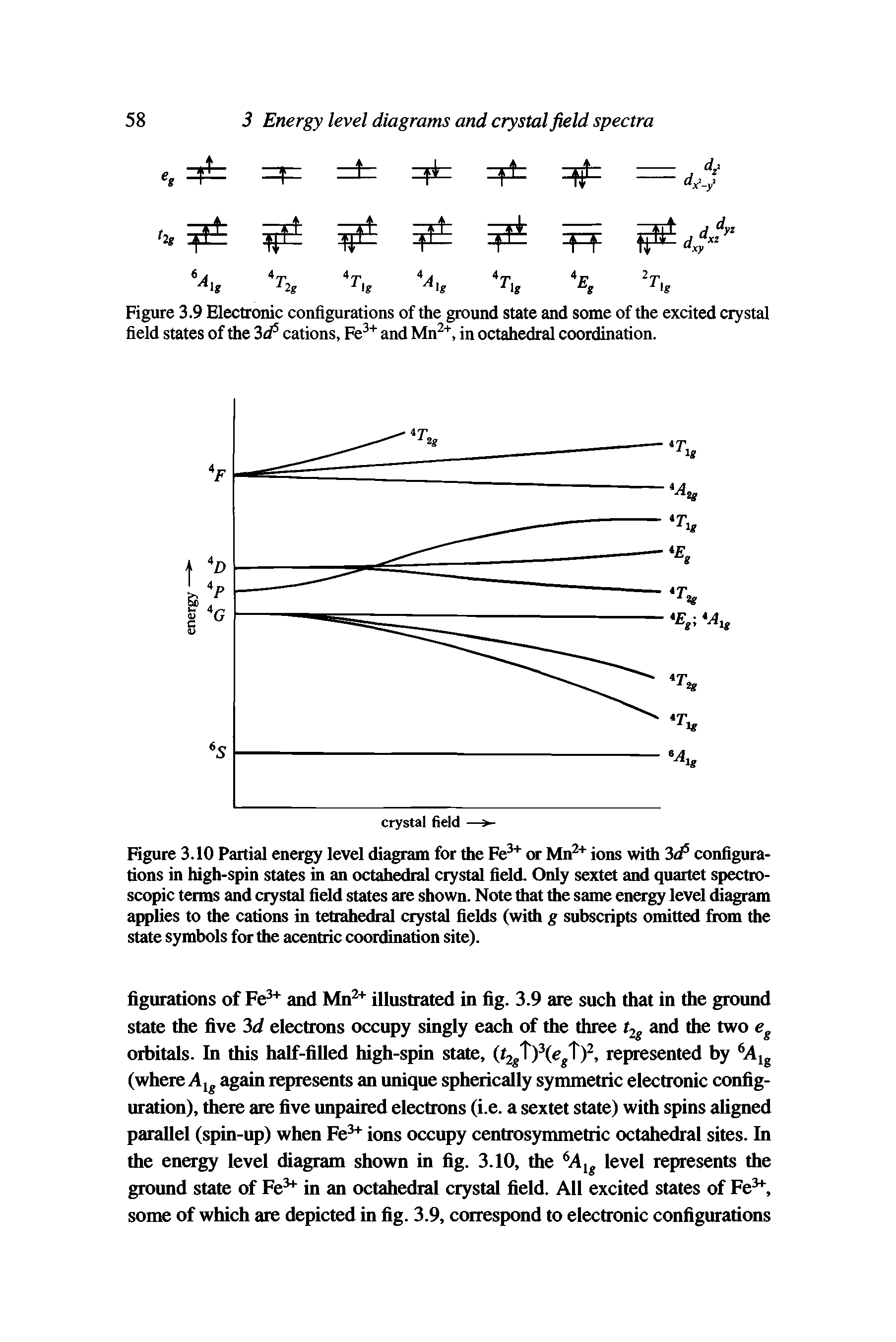 Figure 3.10 Partial energy level diagram for the Fe3+ or Mn2+ ions with 3tfi configurations in high-spin states in an octahedral crystal field. Only sextet and quartet spectroscopic terms and crystal field states are shown. Note that the same energy level diagram applies to the cations in tetrahedral crystal fields (with g subscripts omitted from the state symbols for the acentric coordination site).