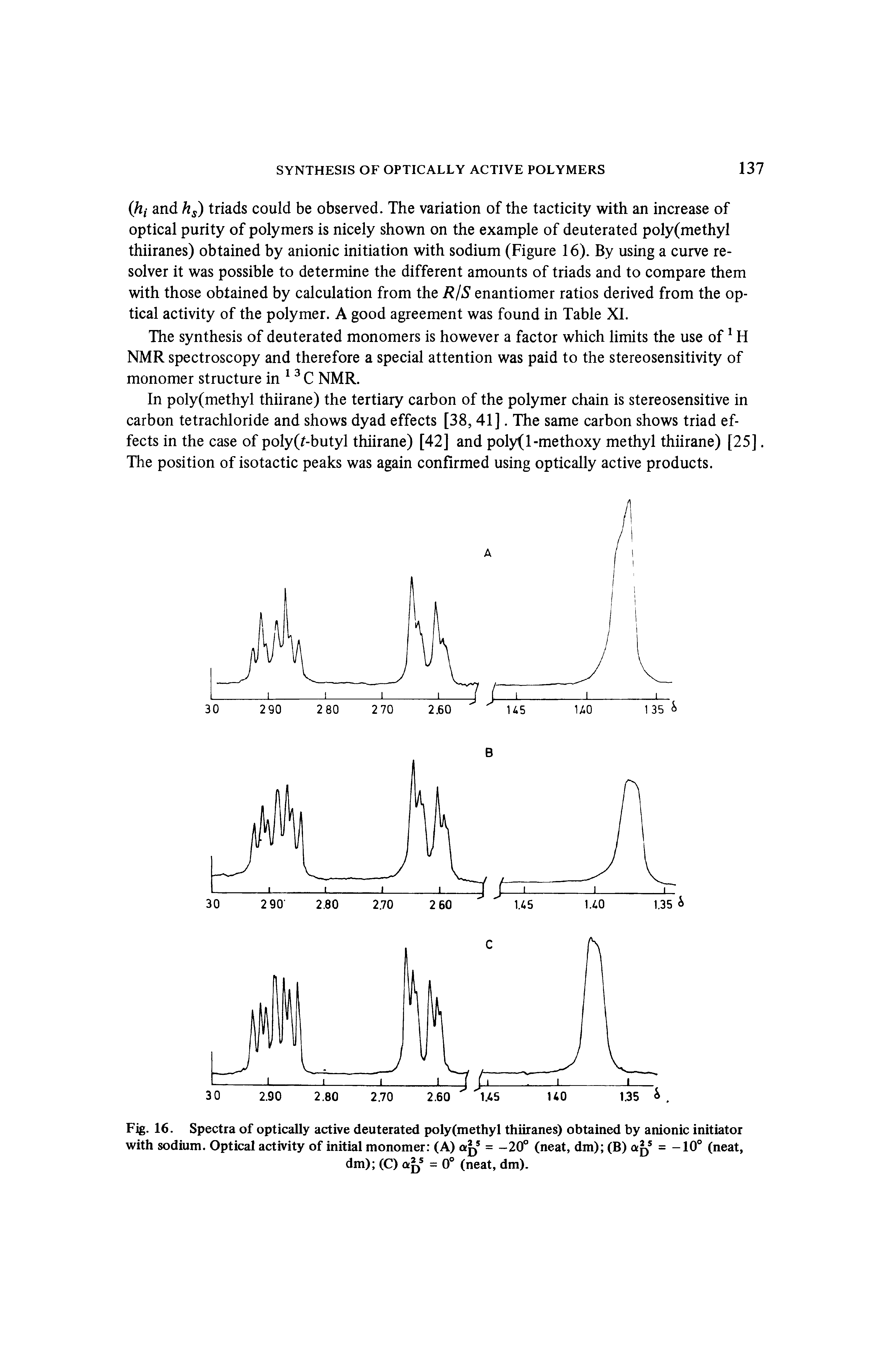 Fig. 16. Spectra of optically active deuterated poly(methyl thiiranes) obtained by anionic initiator with sodium. Optical activity of initial monomer (A) = -20° (neat, dm) (B) af/ = -10° (neat,...