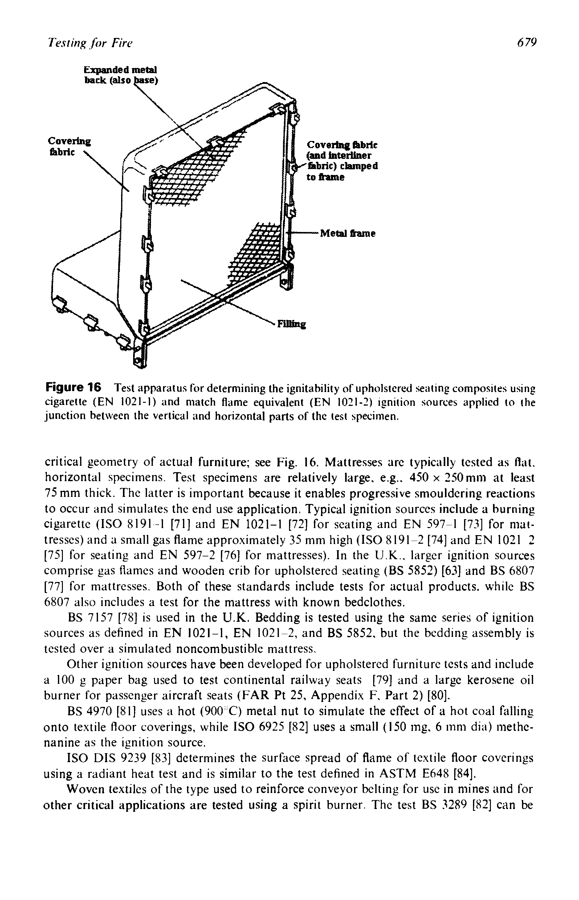 Figure 16 Test apparatus for determining the ignitability of upholstered seating composites using cigarette (EN 1021-1) and match flame equivalent (EN 1021-2) ignition sources applied to the junction between the vertical and horizontal parts of the test specimen.