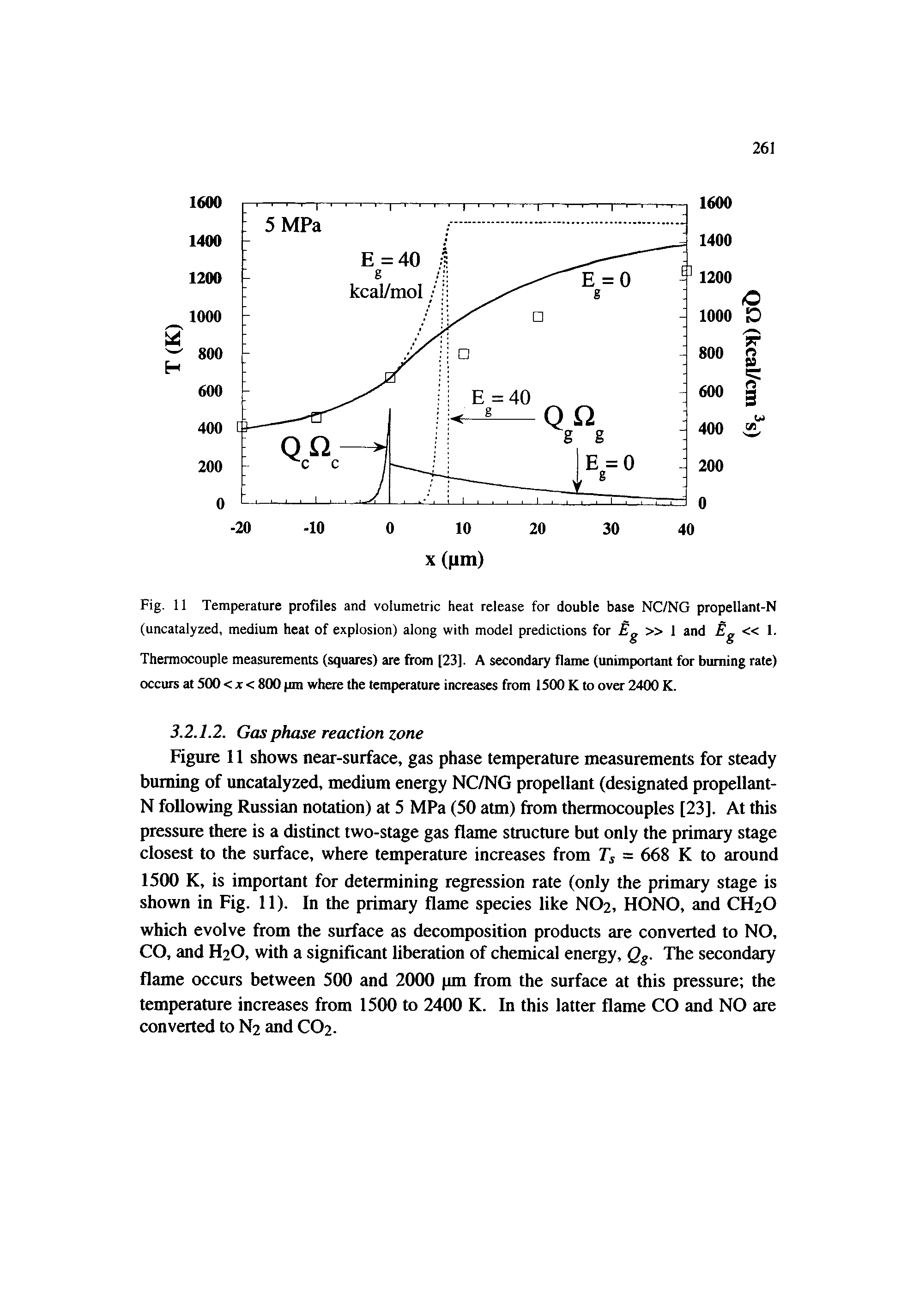 Fig. 11 Temperature profiles and volumetric heat release for double base NC/NG propellant-N (uncatalyzed, medium heat of explosion) along with model predictions for Eg 1 and Eg 1.