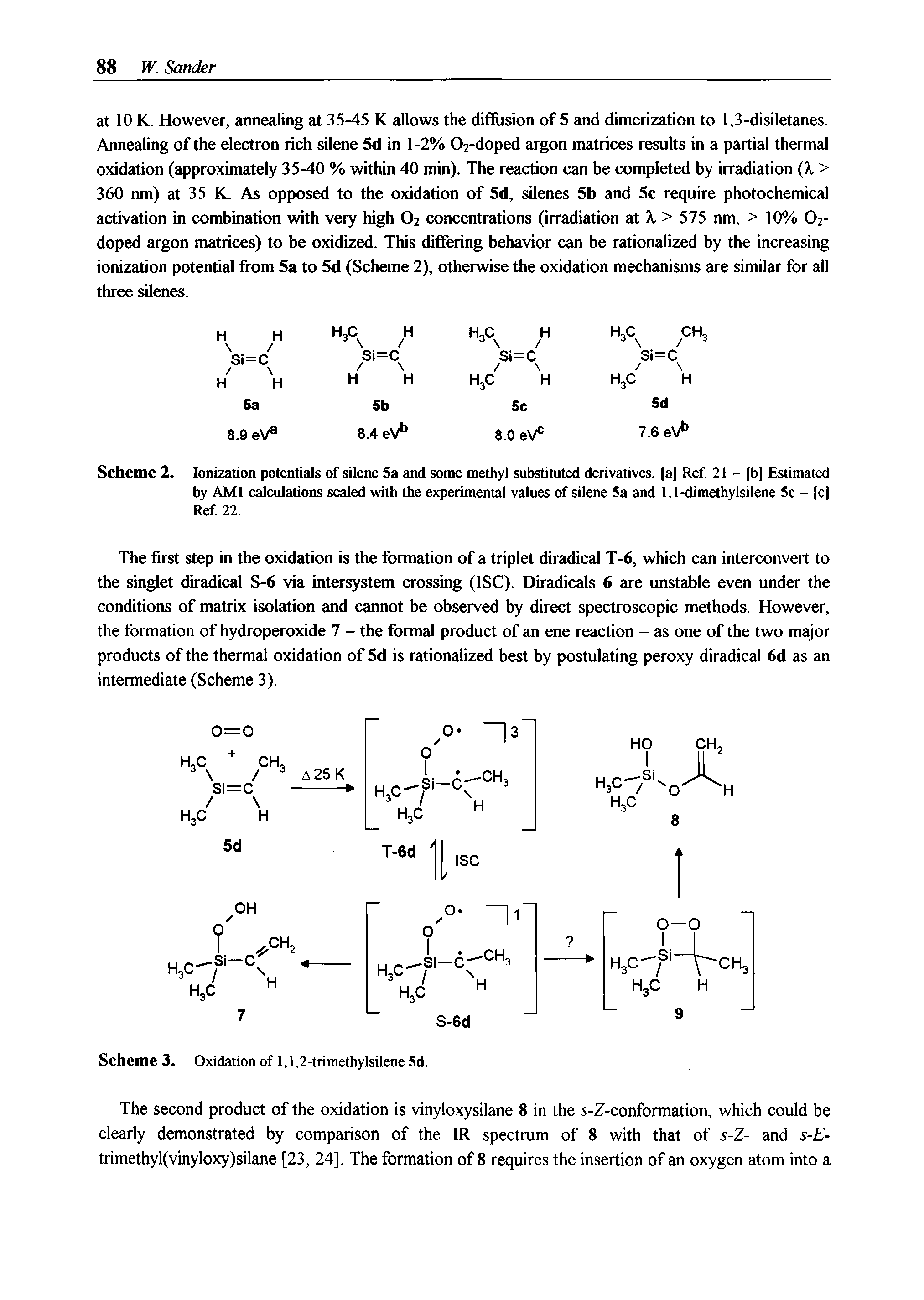 Scheme 2. Ionization potentials of silene Sa and some methyl substituted derivatives. a Ref 21 - fb Estimated by AMI calculations scaled with the experimental values of silene Sa and l.l-dimethylsilene Sc - c Ref 22.