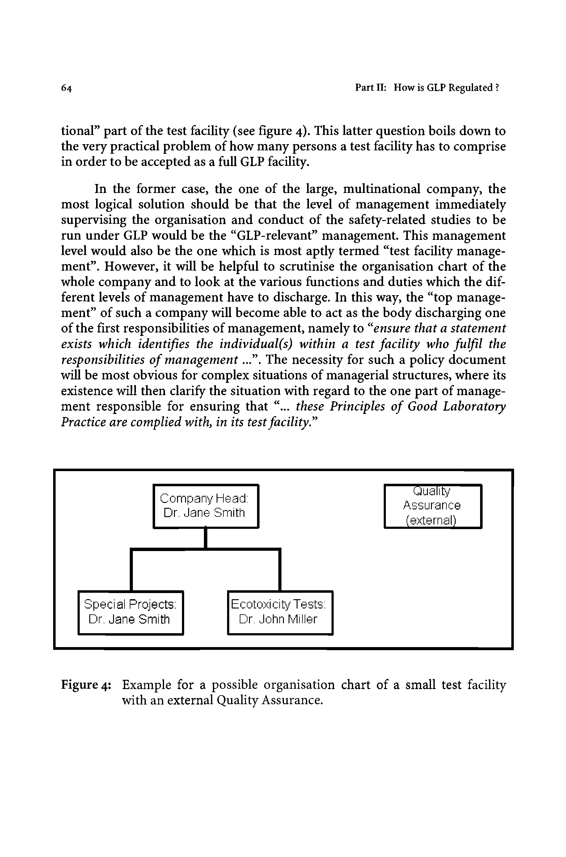 Figure 4 Example for a possible organisation chart of a small test facility with an external Quality Assurance.