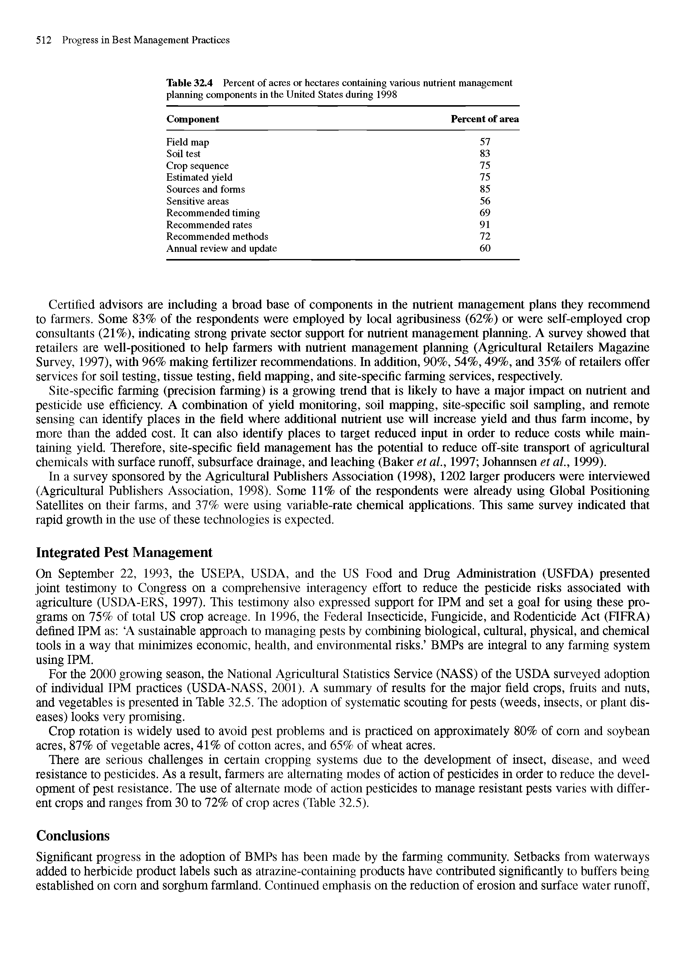 Table 32.4 Percent of acres or hectares containing various nutrient management planning components in the United States during 1998...