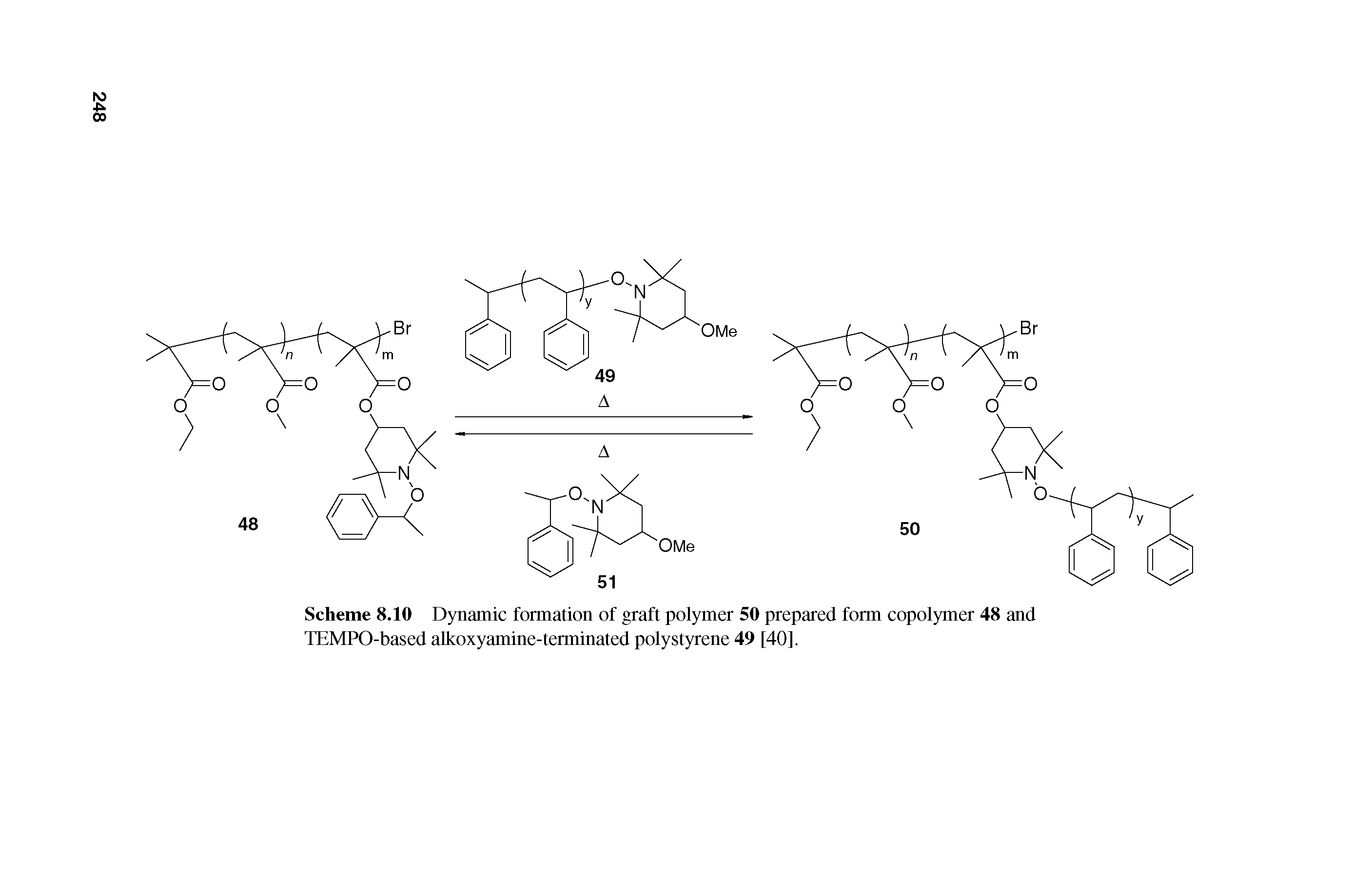 Scheme 8.10 Dynamic formation of graft polymer 50 prepared form copolymer 48 and TEMPO-based alkoxyamine-terminated polystyrene 49 [40].
