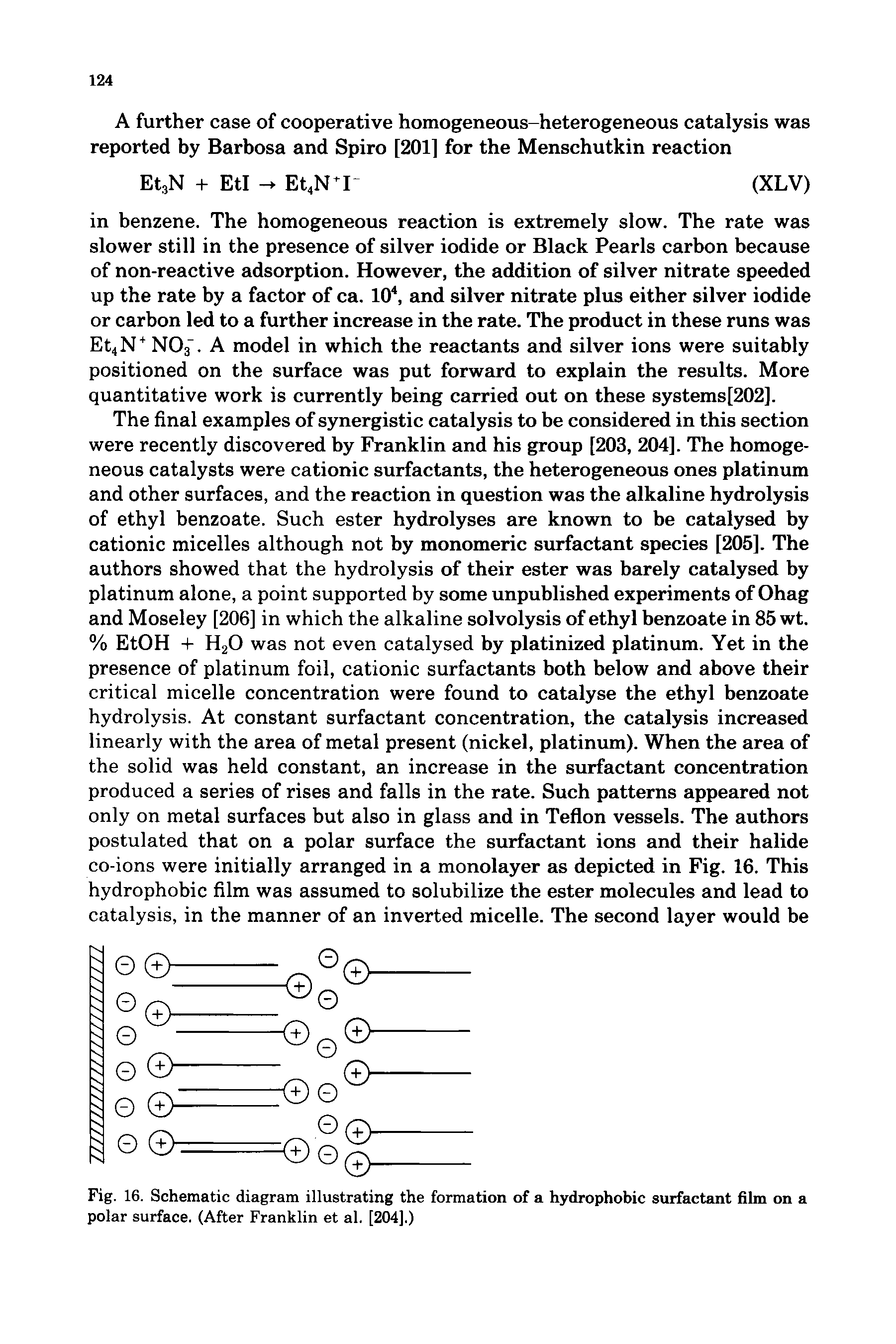 Fig. 16. Schematic diagram illustrating the formation of a hydrophobic surfactant film on a polar surface. (After Franklin et al. [204].)...