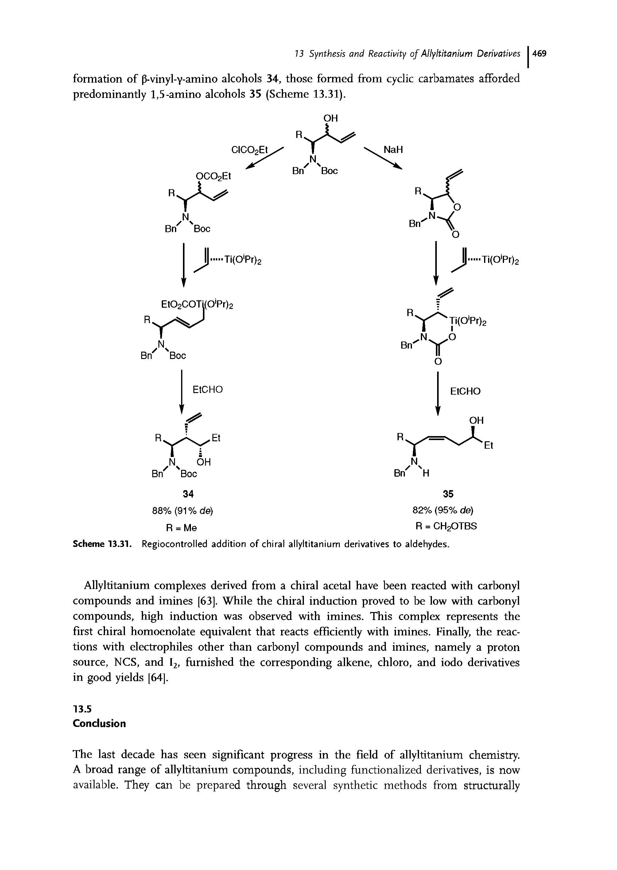Scheme 13.31. Regiocontrolled addition of chiral allyltitanium derivatives to aldehydes.