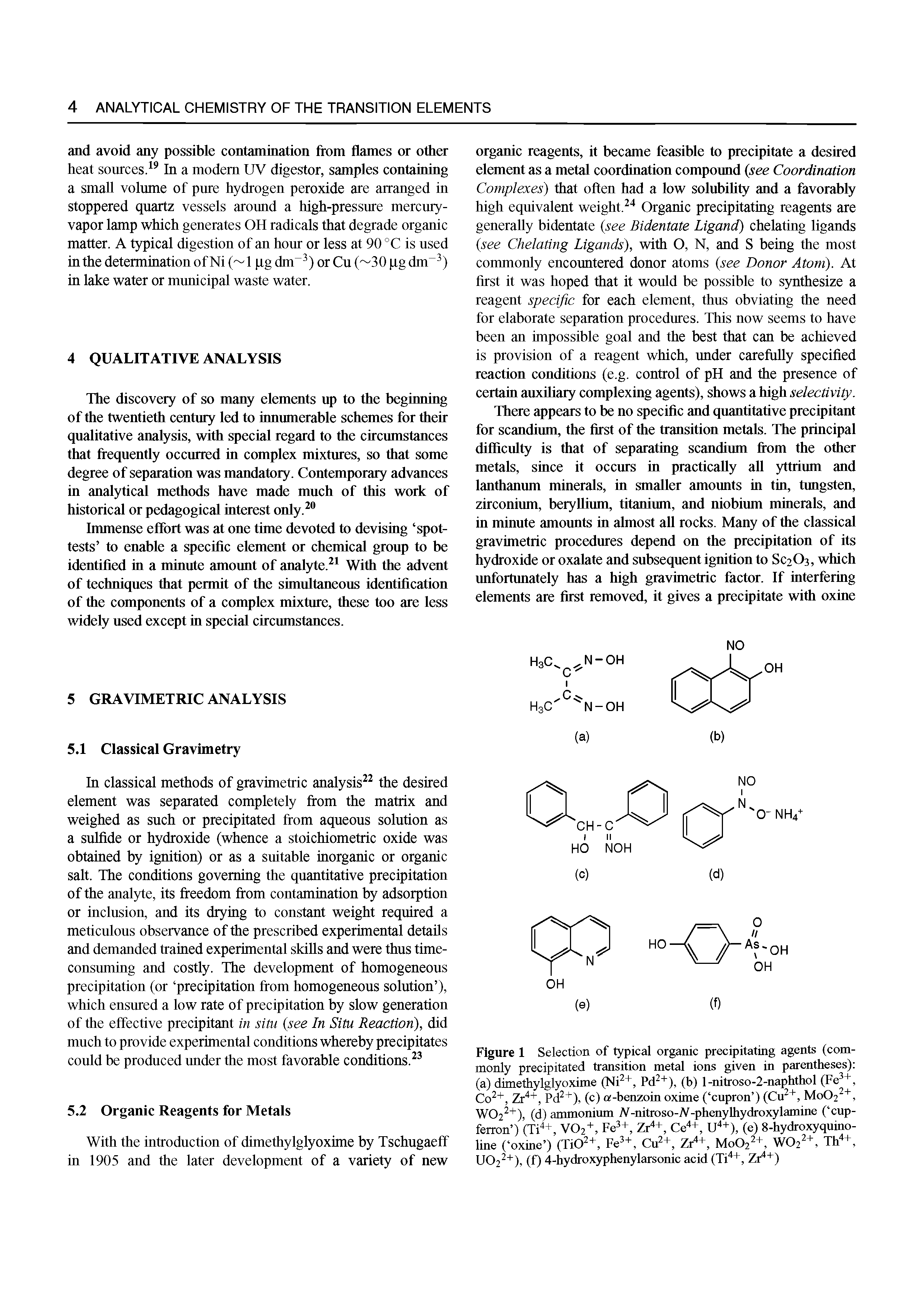 Figure 1 Selection of typical organic precipitating agents (commonly precipitated transition metal ions given in parentheses) (a) dimethylglyoxime (Ni +, Pd ), (b) 1-nitroso-2-naphthol (Fe +, Co +, Zr +, Pd +), (c) a-benzoin oxime ( cupron ) (Cu, Mo02, W02 ), (d) ammonium V-nitroso-V-phenyUiydroxylamine ( cup-ferron ) (Ti +, V02", Fe +, Zr +, 06 +, U +), (e) 8-hydroxyquino-line ( oxine ) (TiO"+, Fe +, 01 +, Zr +, Mo02 +, W02 +, Th +, U02 ), (f) 4-hydroxyphenylarsonic acid (Ti +, Zidfi...