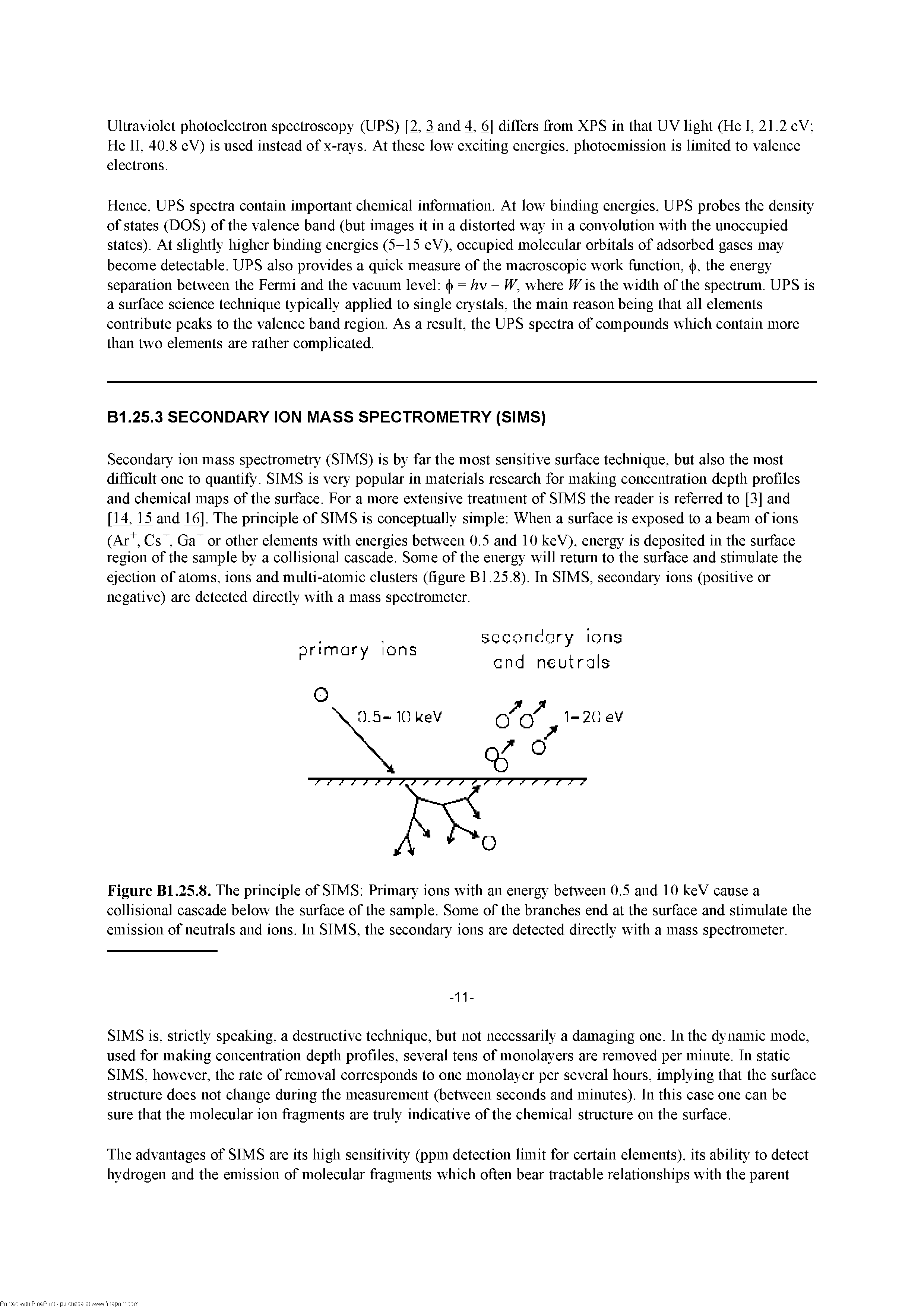 Figure Bl.25.8. The principle of SIMS Primary ions with an energy between 0.5 and 10 keV cause a collisional cascade below the surface of the sample. Some of the branches end at the surface and stimulate the emission of neutrals and ions. In SIMS, the secondary ions are detected directly with a mass spectrometer.