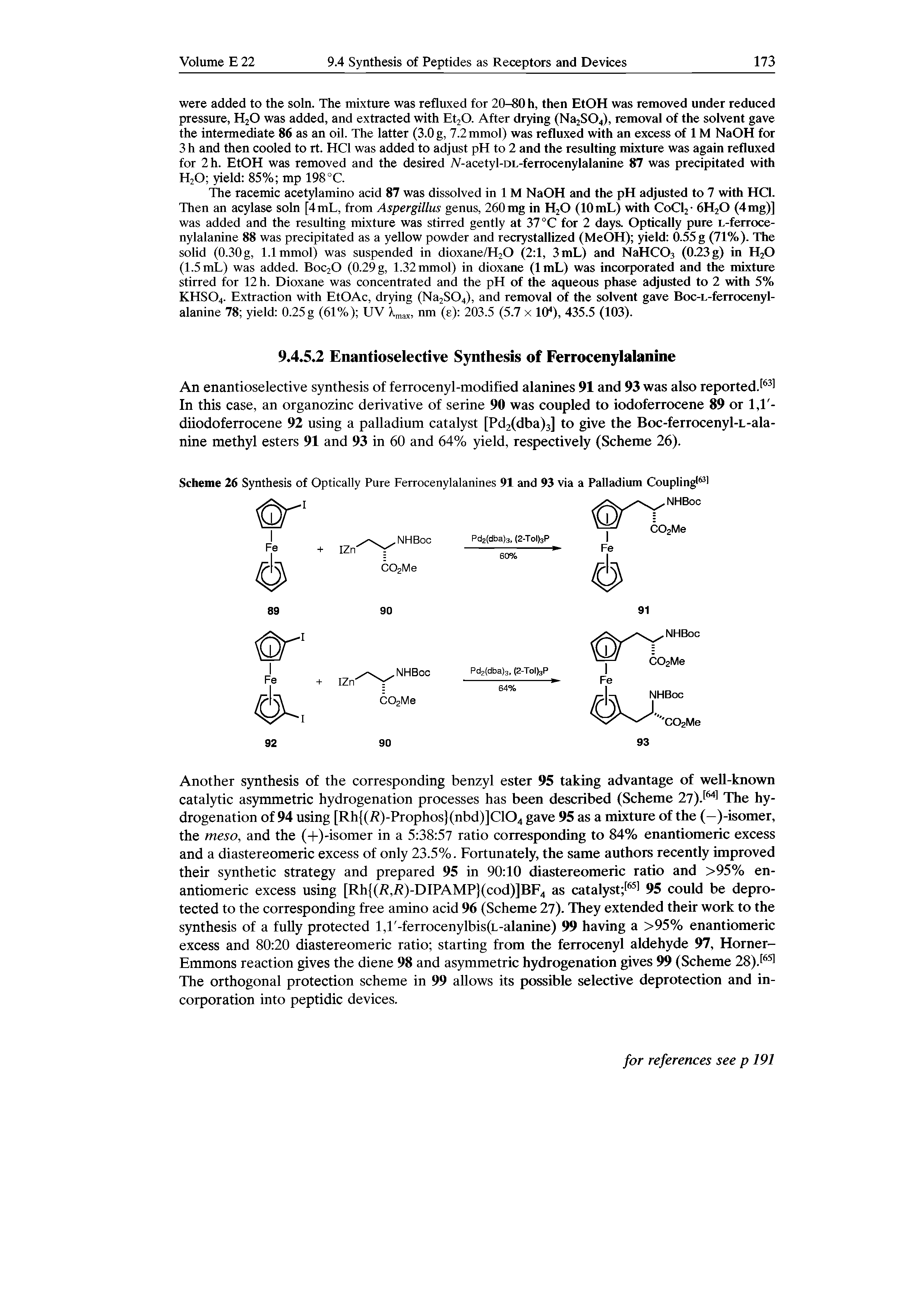 Scheme 26 Synthesis of Optically Pure Ferrocenylalanines 91 and 93 via a Palladium Coupling 63 -I...