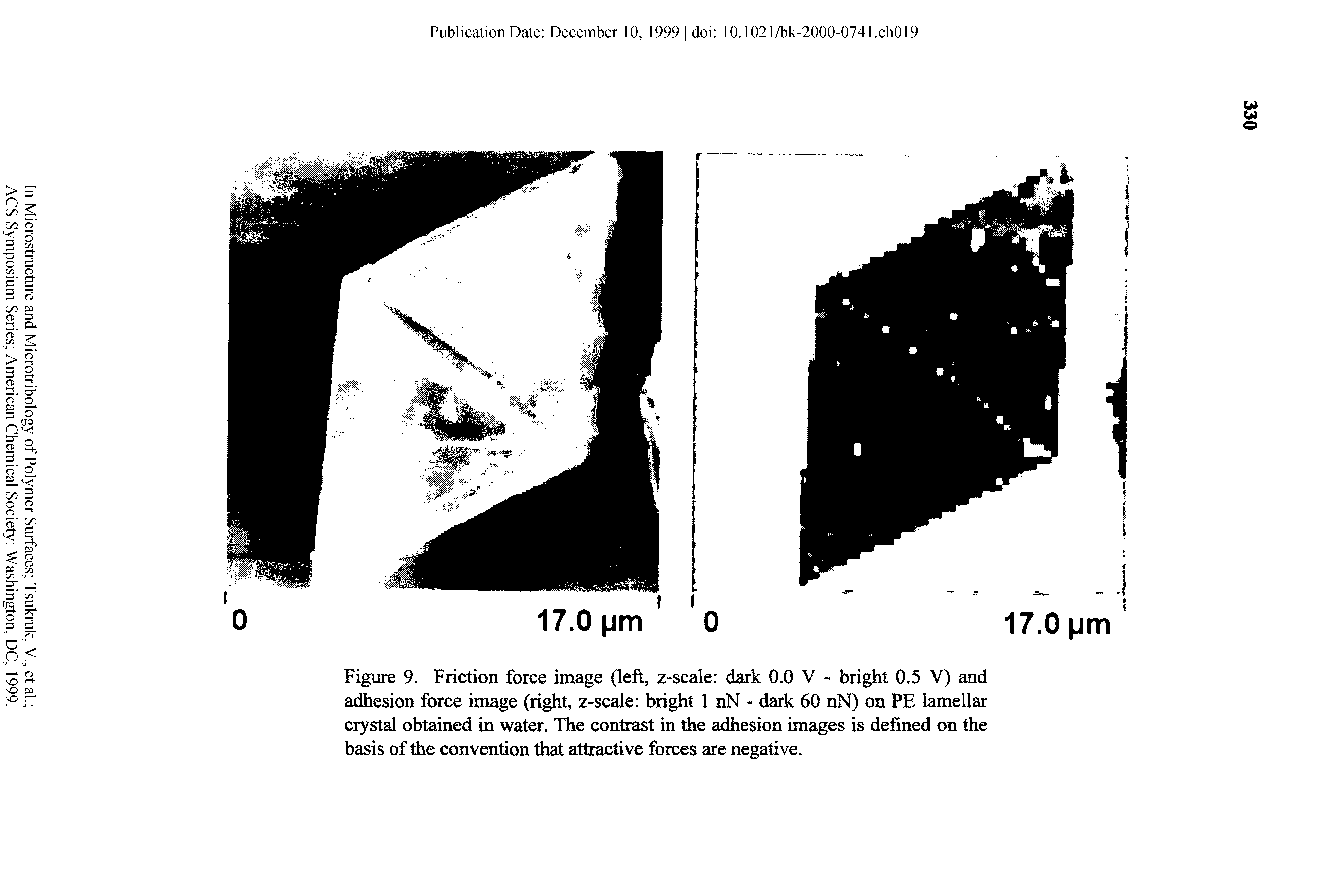 Figure 9. Friction force image (left, z-scale dark 0.0 V - bright 0.5 V) and adhesion force image (right, z-scale bright 1 nN - dark 60 nN) on PE lamellar crystal obtained in water. The contrast in the adhesion images is defined on the basis of the convention that attractive forces are negative.