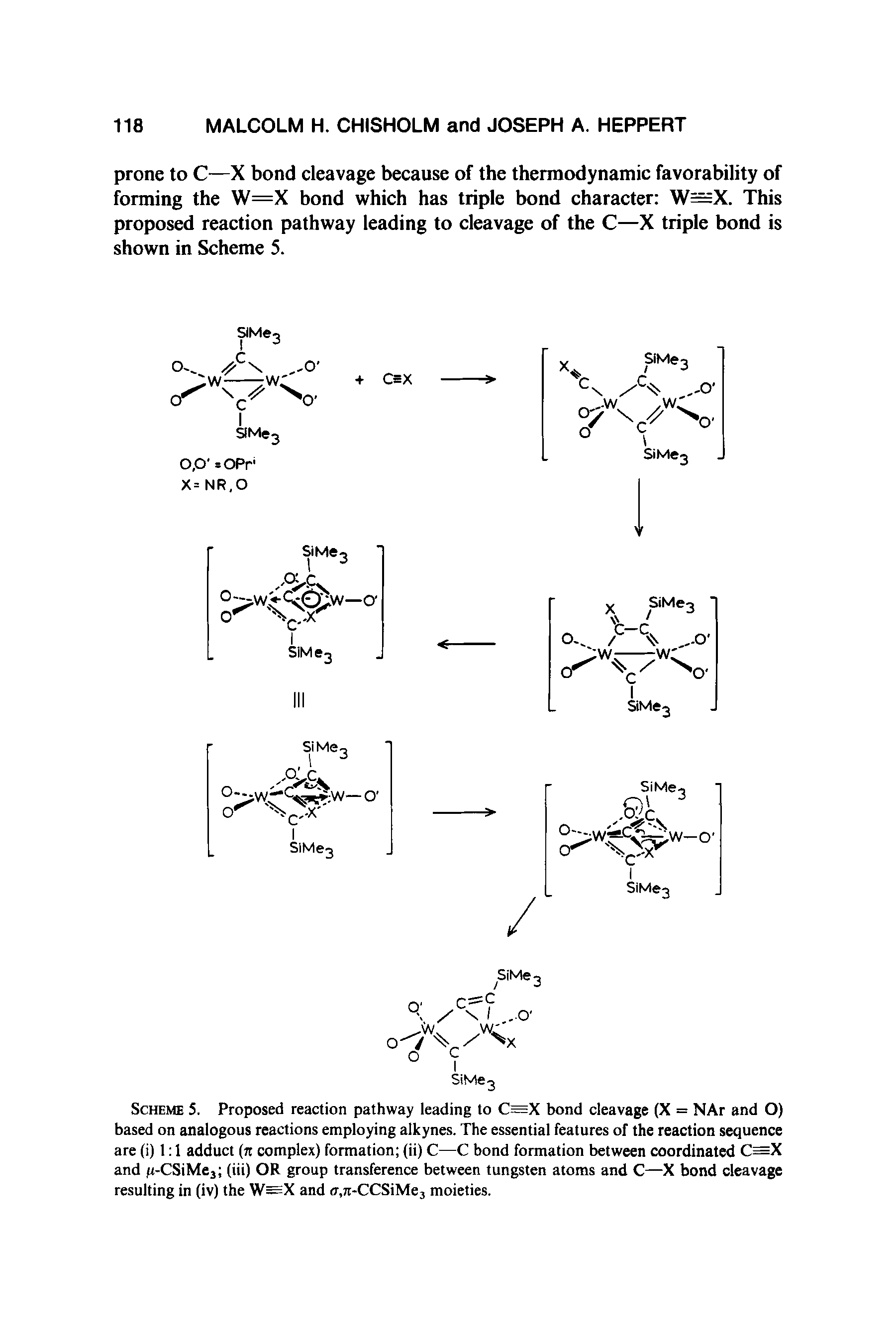 Scheme 5. Proposed reaction pathway leading to C=X bond cleavage (X = NAr and O) based on analogous reactions employing alkynes. The essential features of the reaction sequence are (i) 1 1 adduct (n complex) formation (ii) C—C bond formation between coordinated C=X and u-CSiMe3 (iii) OR group transference between tungsten atoms and C—X bond cleavage resulting in (iv) the W=X and <r,7t-CCSiMe3 moieties.