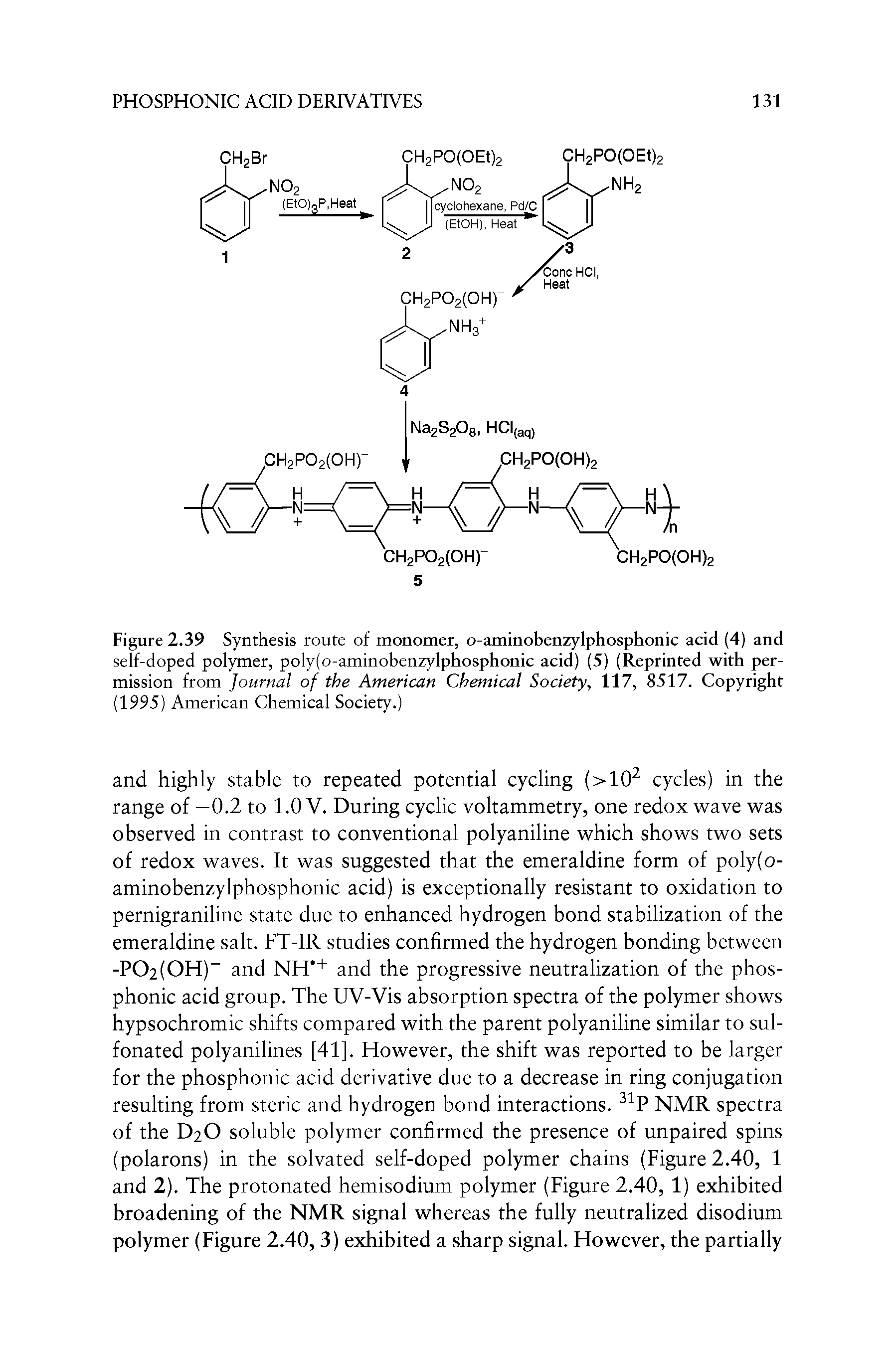 Figure 2.39 Synthesis route of monomer, o-aminobenzylphosphonic acid (4) and self-doped polymer, poly(o-aminobenzylphosphonic acid) (5) (Reprinted with permission from Journal of the American Chemical Society, 117, 8517. Copyright (1995) American Chemical Society.)...