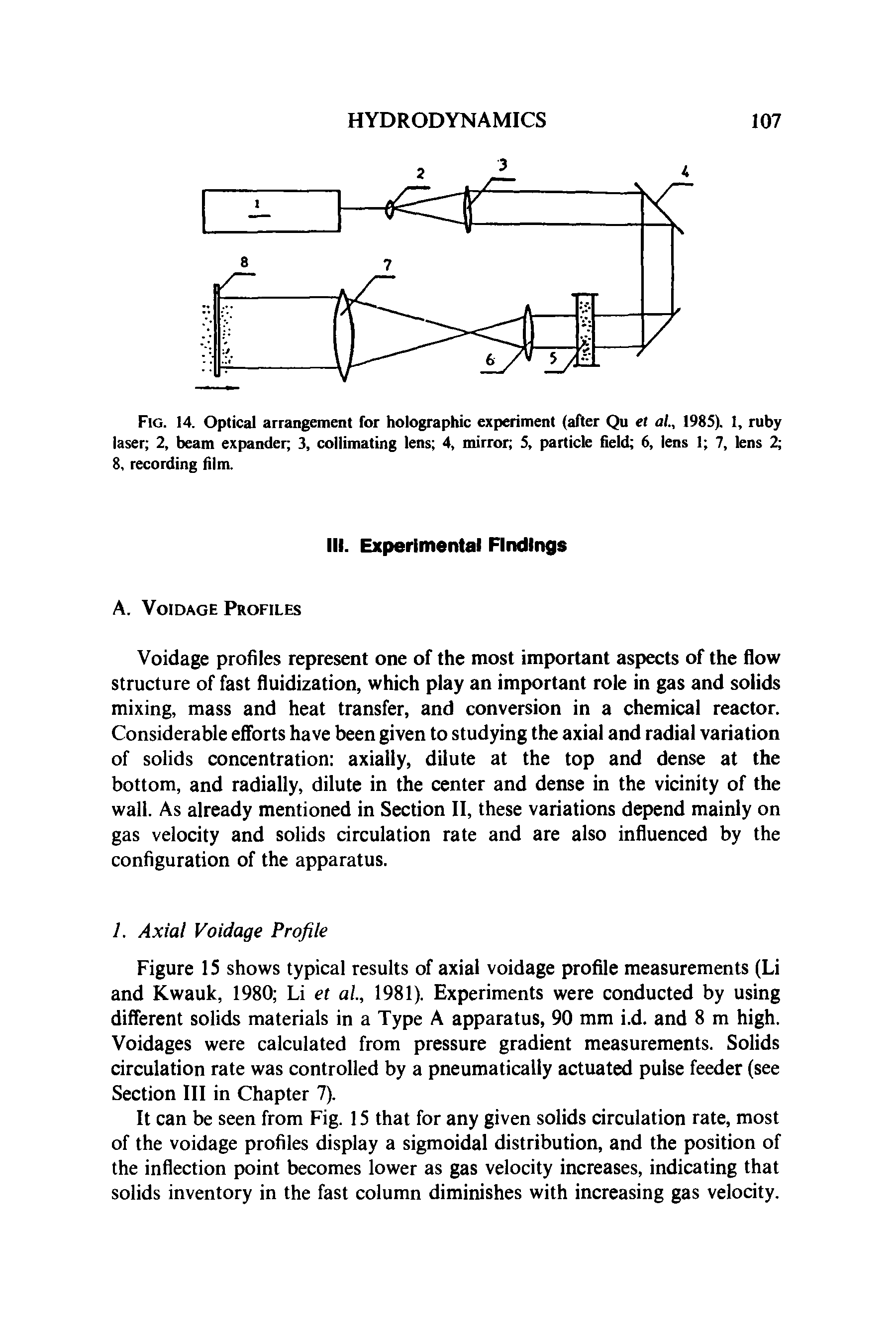 Fig. 14. Optical arrangement for holographic experiment (after Qu et al., 1985). 1, ruby laser 2, beam expander 3, collimating lens 4, mirror 5, particle field 6, lens 1 7, lens 2 8, recording film.
