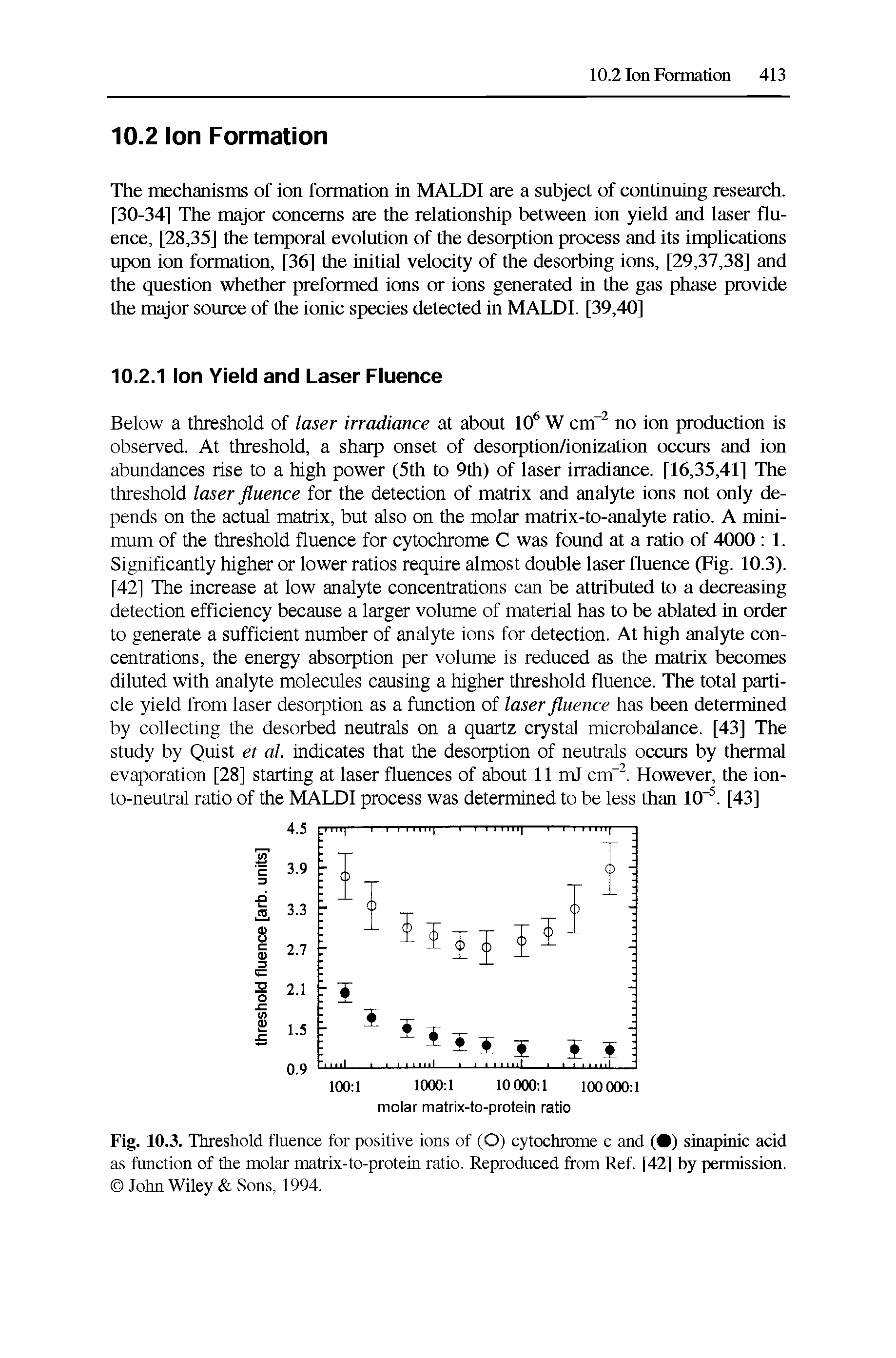 Fig. 10.3. Threshold fluence for positive ions of (O) cytochrome c and ( ) sinapinic acid as function of the molar matrix-to-protein ratio. Reproduced from Ref [42] by permission. John Wiley Sons, 1994.