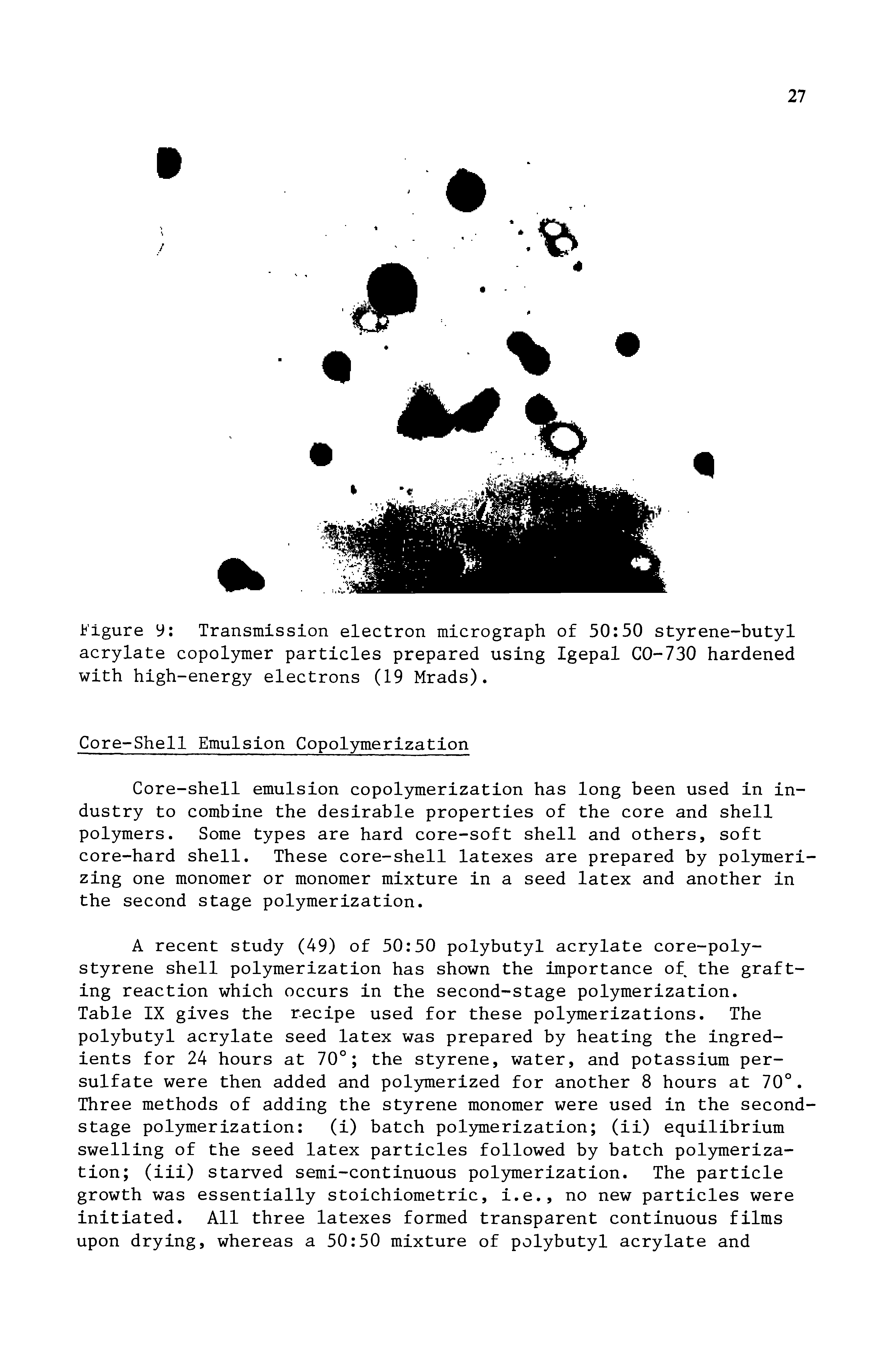 Table IX gives the recipe used for these pol3nnerizations. The polybutyl acrylate seed latex was prepared by heating the ingredients for 24 hours at 70° the styrene, water, and potassium persulfate were then added and polymerized for another 8 hours at 70°. Three methods of adding the styrene monomer were used in the second-stage polymerization (i) batch polymerization (ii) equilibrium swelling of the seed latex particles followed by batch pol3nneriza-tion (iii) starved semi-continuous pol3nnerization. The particle growth was essentially stoichiometric, i.e., no new particles were initiated. All three latexes formed transparent continuous films upon drying, whereas a 50 50 mixture of polybutyl acrylate and...