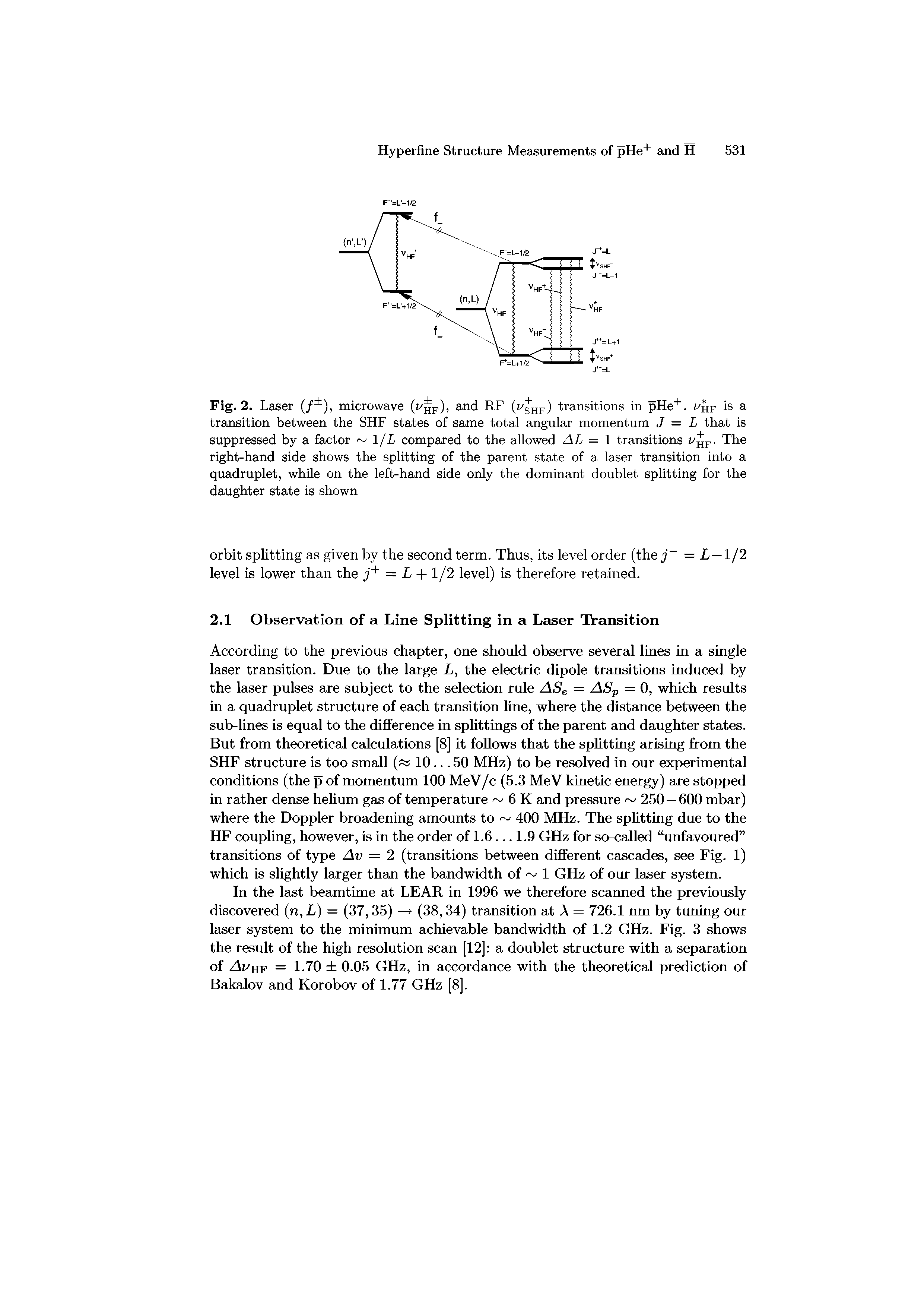 Fig. 2. Laser (/ ), microwave ( hf)> and RF ( shf) transitions in pHe+. Vhf is a transition between the SHF states of same total angular momentum J = L that is suppressed by a factor 1 /L compared to the allowed AL = 1 transitions i f- The right-hand side shows the splitting of the parent state of a laser transition into a quadruplet, while on the left-hand side only the dominant doublet splitting for the daughter state is shown...