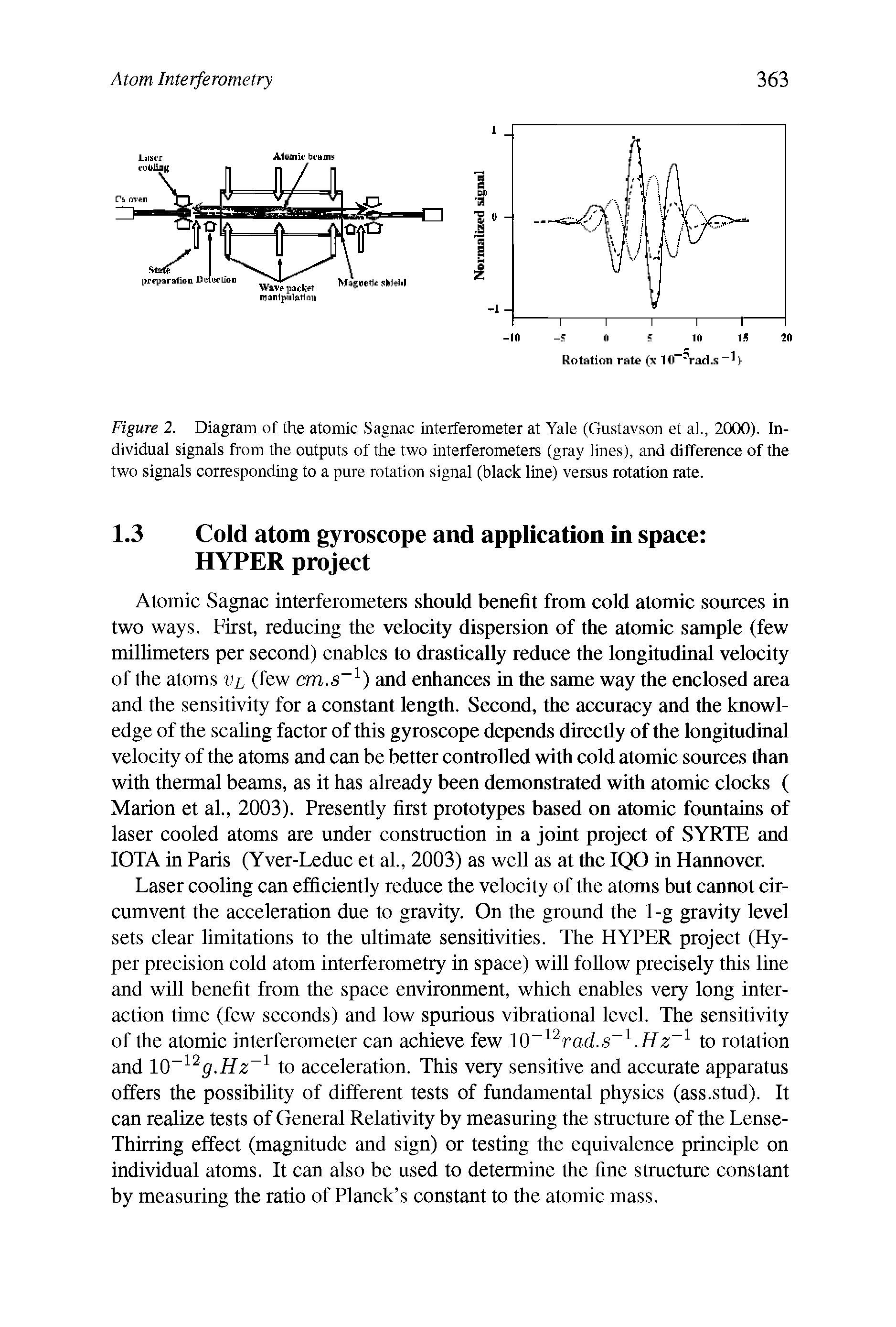 Figure 2. Diagram of the atomic Sagnac interferometer at Yale (Gustavson et al., 2000). Individual signals from the outputs of the two interferometers (gray lines), and difference of the two signals corresponding to a pure rotation signal (black line) versus rotation rate.