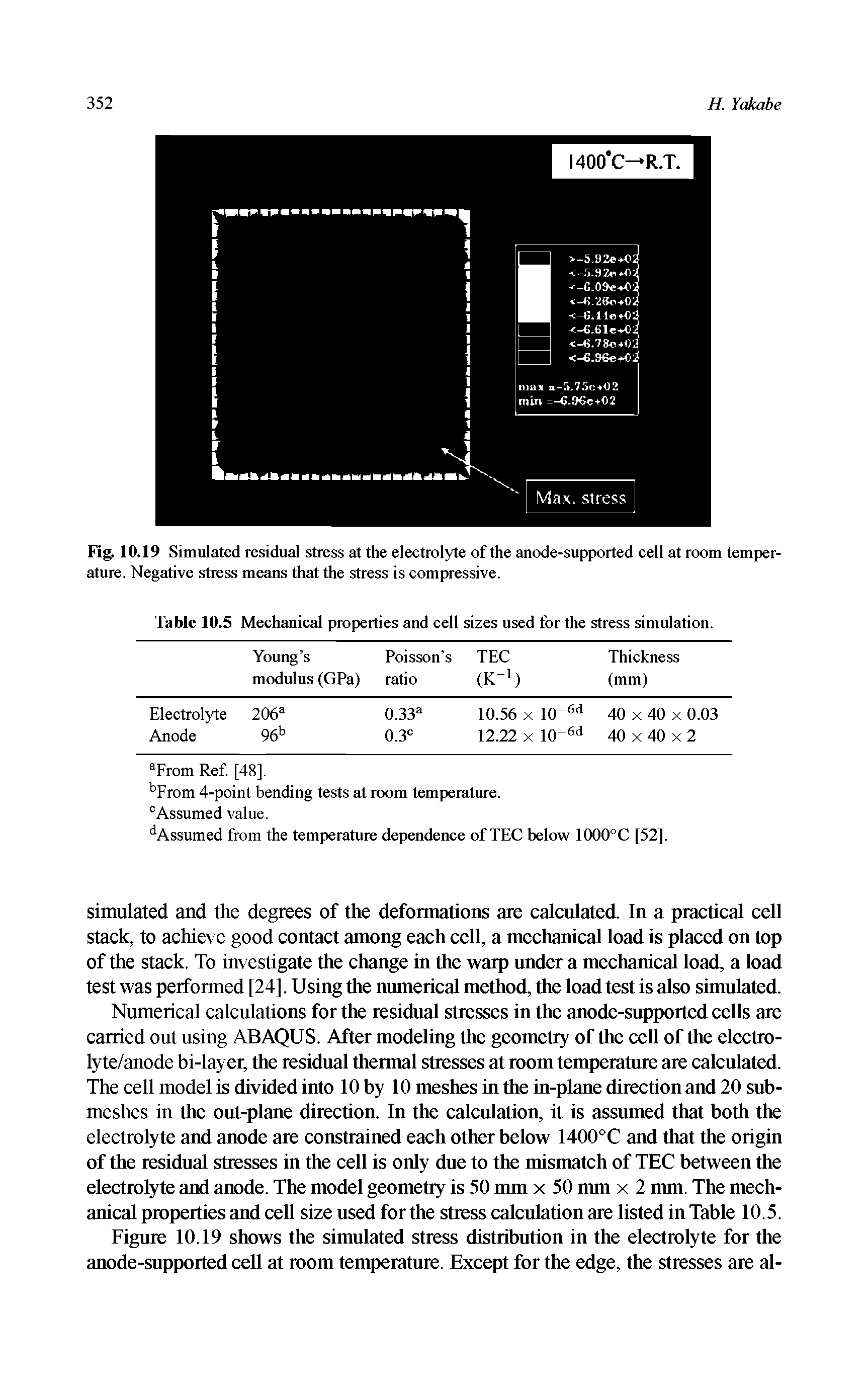 Fig. 10.19 Simulated residual stress at the electrolyte of the anode-supported cell at room temperature. Negative stress means that the stress is compressive.