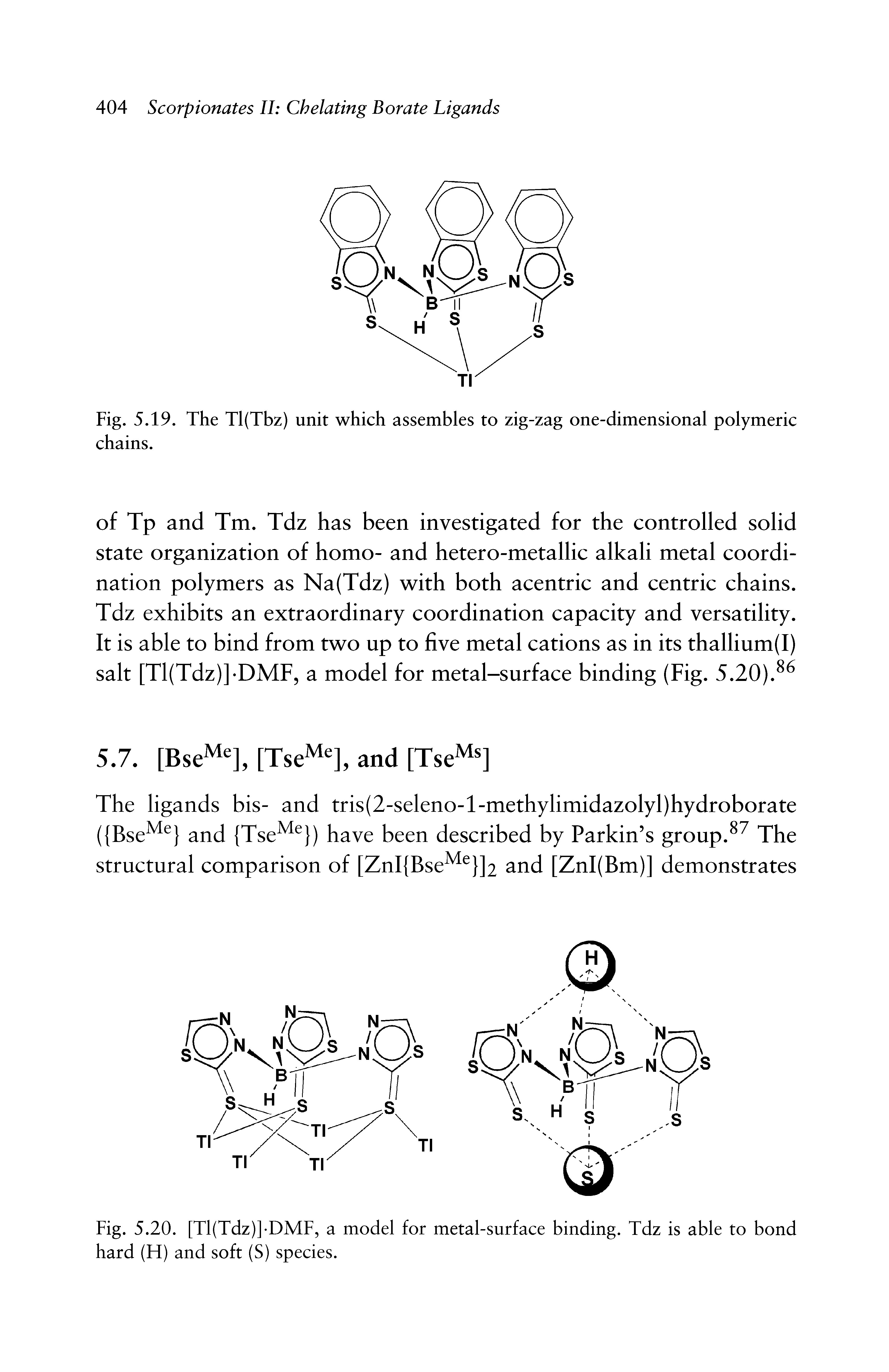 Fig. 5.20. [Tl(Tdz)]-DMF, a model for metal-surface binding. Tdz is able to bond hard (H) and soft (S) species.