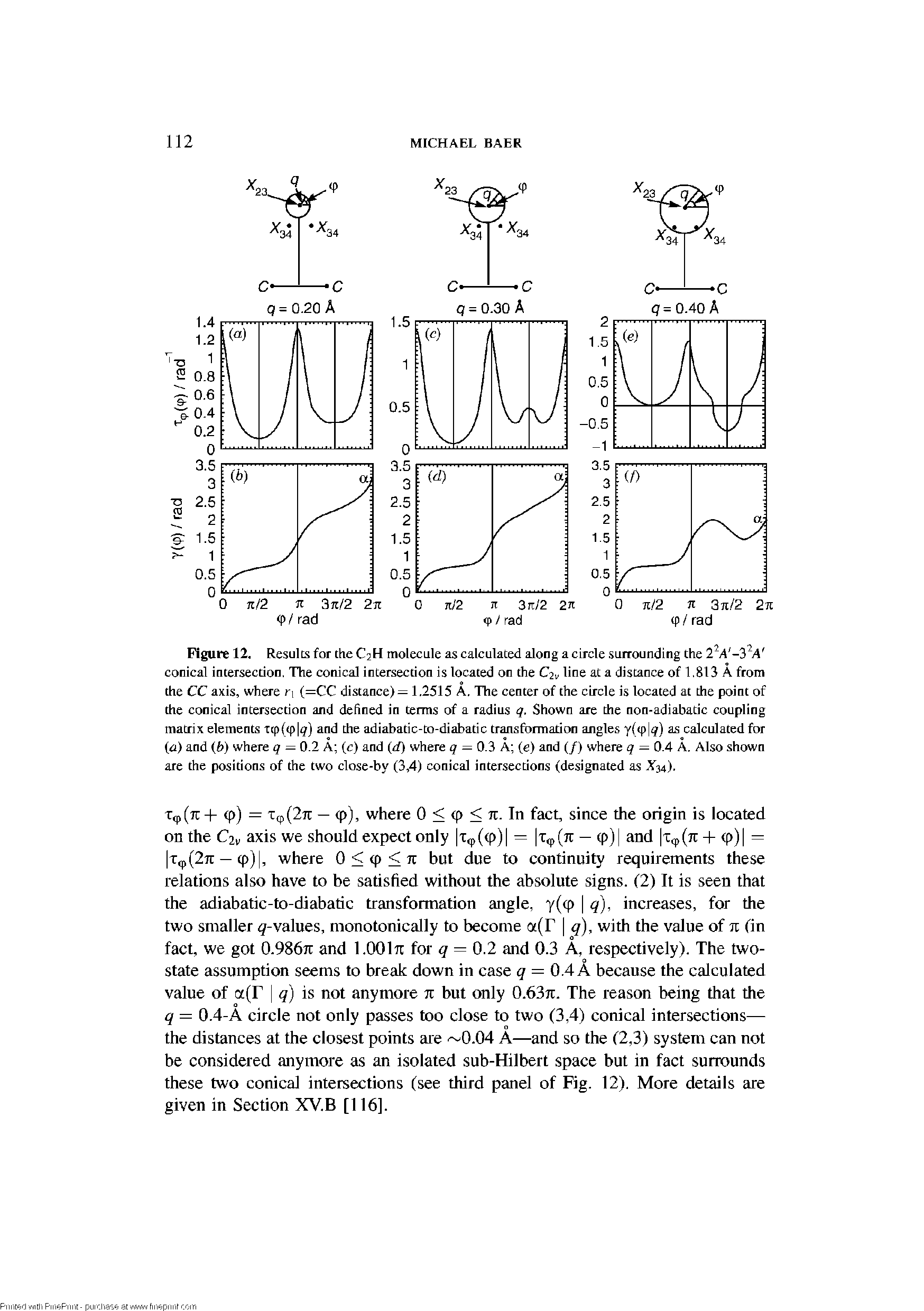 Figure 12, Results for the C2H molecule as calculated along a circle surrounding Che 2 A -3 A conical intersection, The conical intersection is located on the C2v line at a distance of 1,813 A from the CC axis, where ri (=CC distance) 1.2515 A. The center of the circle is located at the point of the conical intersection and defined in terms of a radius < . Shown are the non-adiabatic coupling matrix elements tcp((p ) and the adiabatic-to-diabatic transformation angles y((p i ) as calculated for (ii) and (b) where q = 0.2 A (c) and (d) where q = 0.3 A (e) and (/) where q = 0.4 A. Also shown are the positions of the two close-by (3,4) conical intersections (designated as X34).