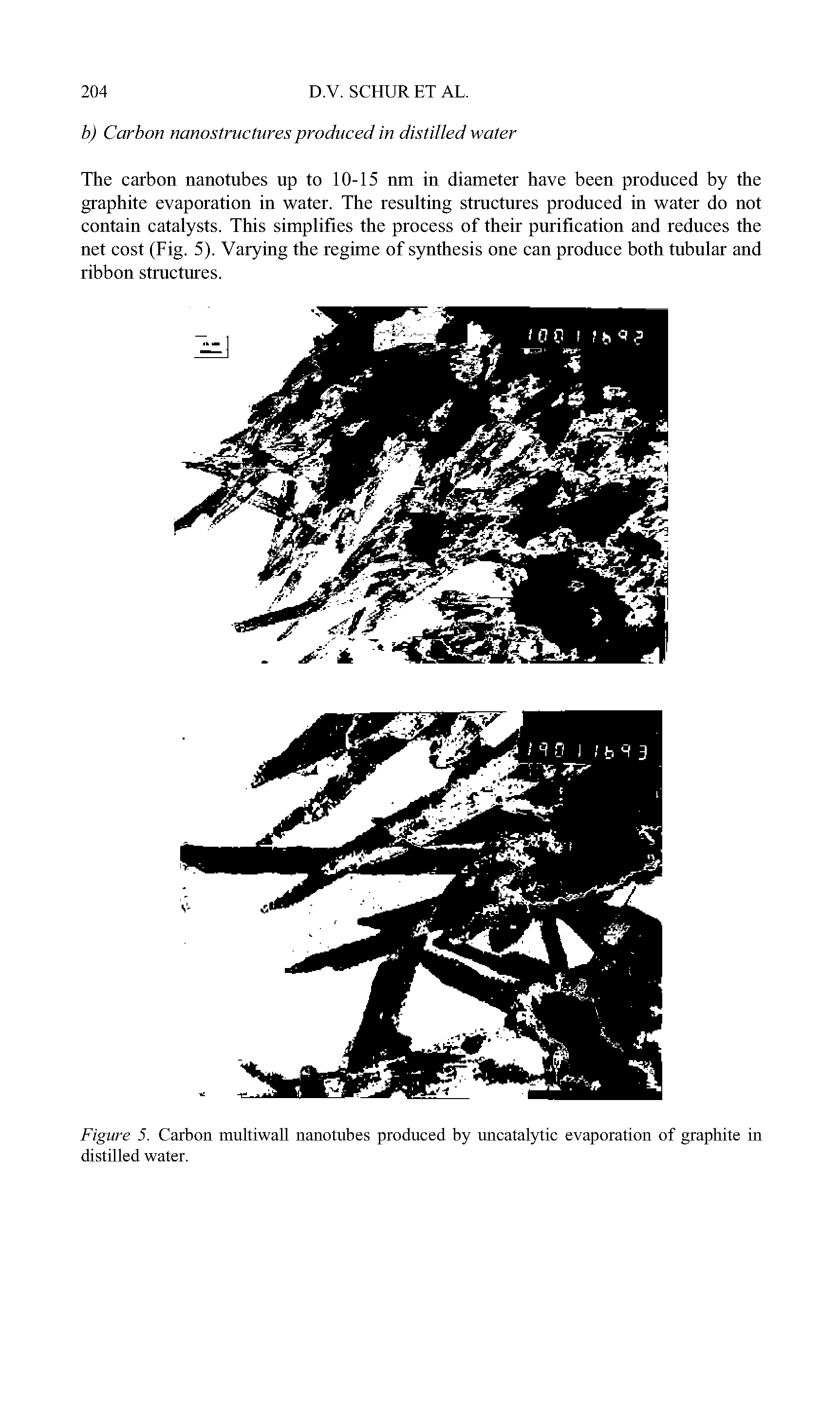 Figure 5. Carbon multiwall nanotubes produced by uncatalytic evaporation of graphite in distilled water.