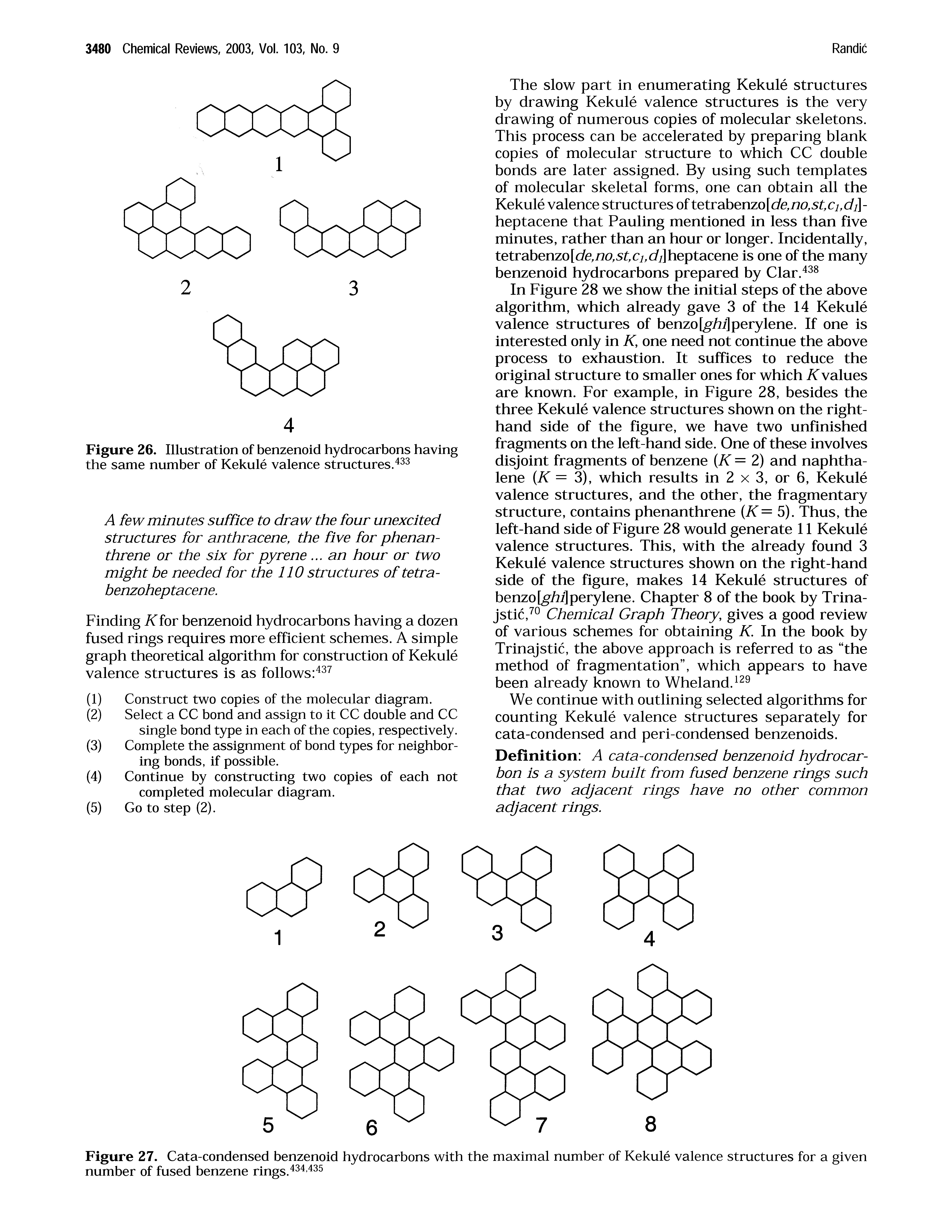 Figure 27. Cata-condensed benzenoid hydrocarbons with the maximal number of Kekule valence structures for a given number of fused benzene rings.