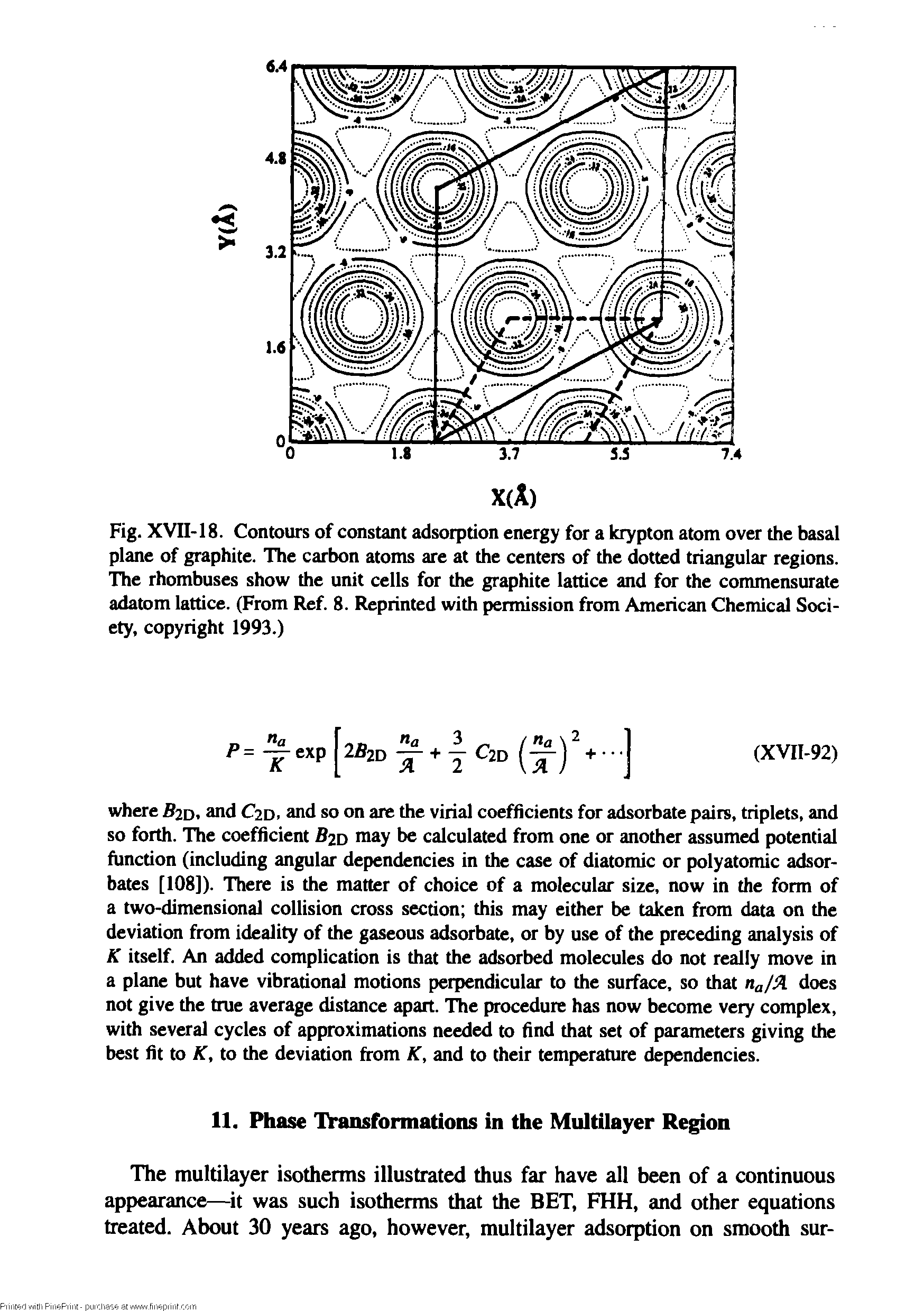 Fig. XVII-18. Contours of constant adsorption energy for a krypton atom over the basal plane of graphite. The carbon atoms are at the centers of the dotted triangular regions. The rhombuses show the unit cells for the graphite lattice and for the commensurate adatom lattice. (From Ref. 8. Reprinted with permission from American Chemical Society, copyright 1993.)...