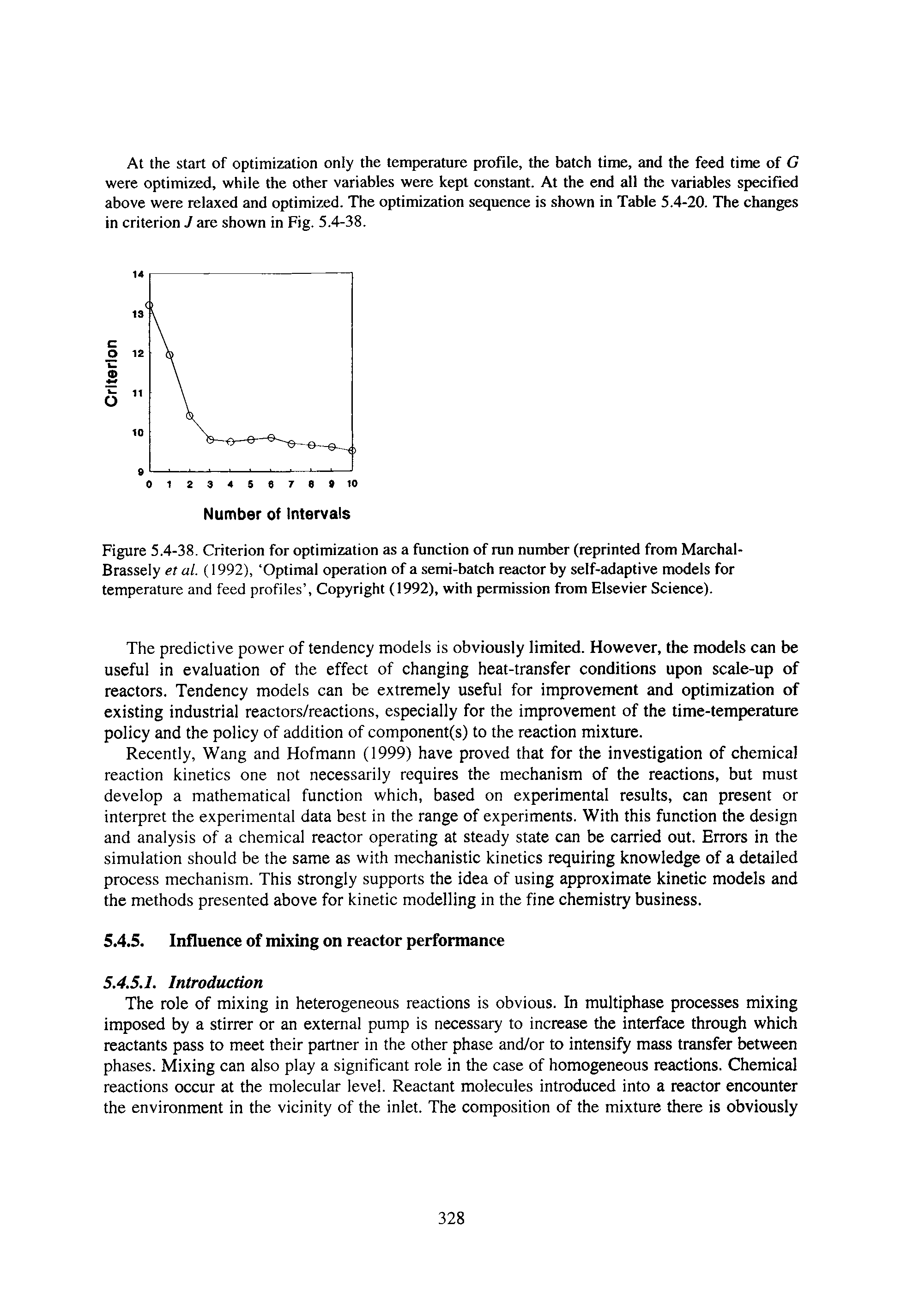 Figure 5.4-38. Criterion for optimization as a function of run number (reprinted from Marchal-Brassely et al. (1992), Optimal operation of a semi-batch reactor by self-adaptive models for temperature and feed profiles . Copyright (1992), with permission from Elsevier Science).