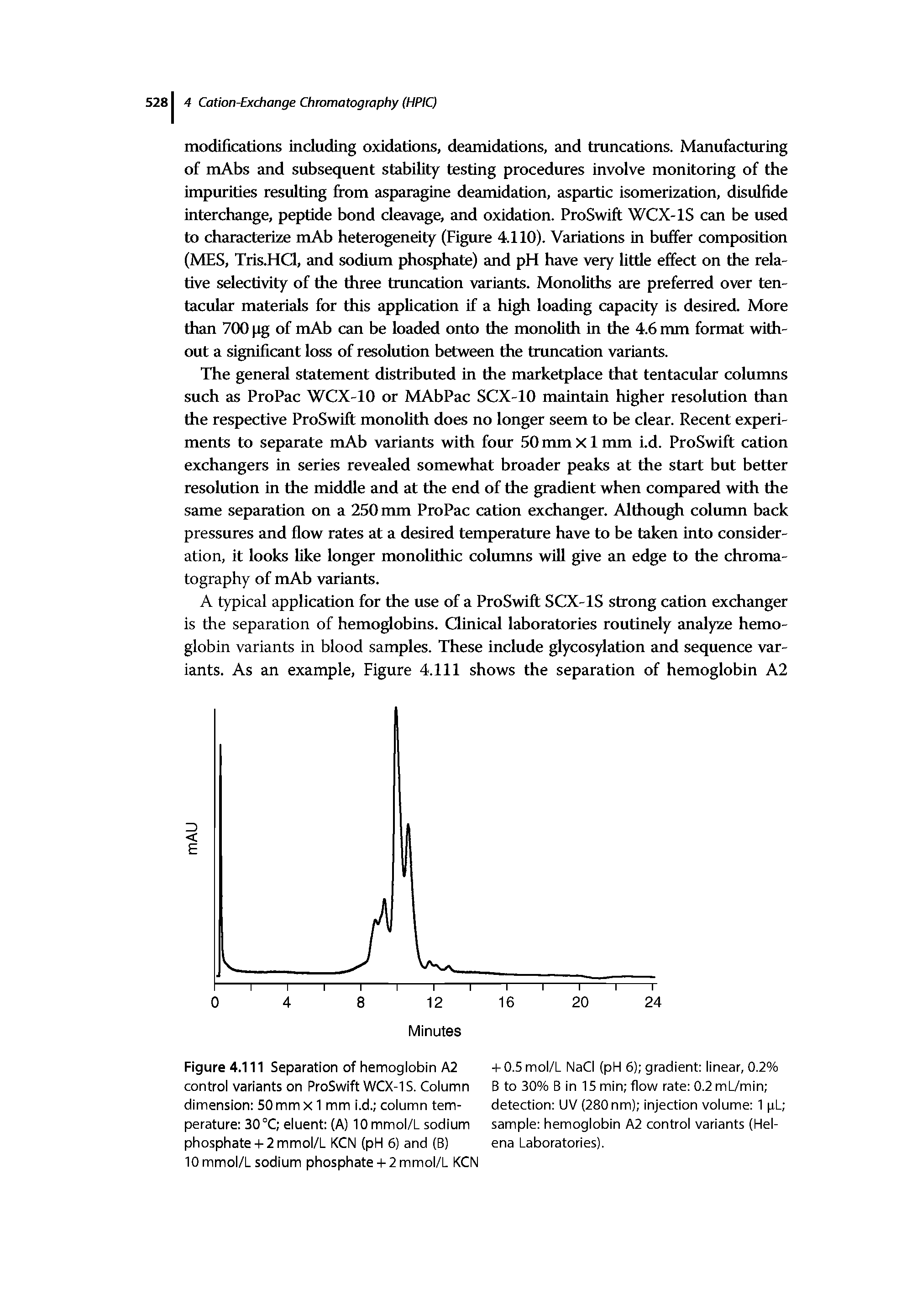 Figure 4.111 Separation of hemoglobin A2 control variants on ProSwift WCX-IS. Column dimension 50 mm x 1 mm i.d. column temperature 30 °C eluent (A) 10 mmol/L sodium phosphate-I-2 mmol/L KCN (pH 6) and (B)...