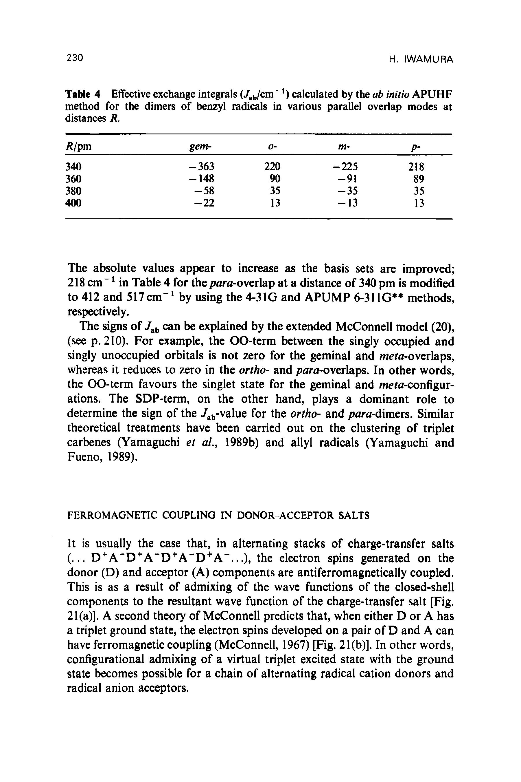 Table 4 Effective exchange integrals (/,b/cm" ) calculated by the ab initio APUHF method for the dimers of benzyl radicals in various parallel overlap modes at distances R.