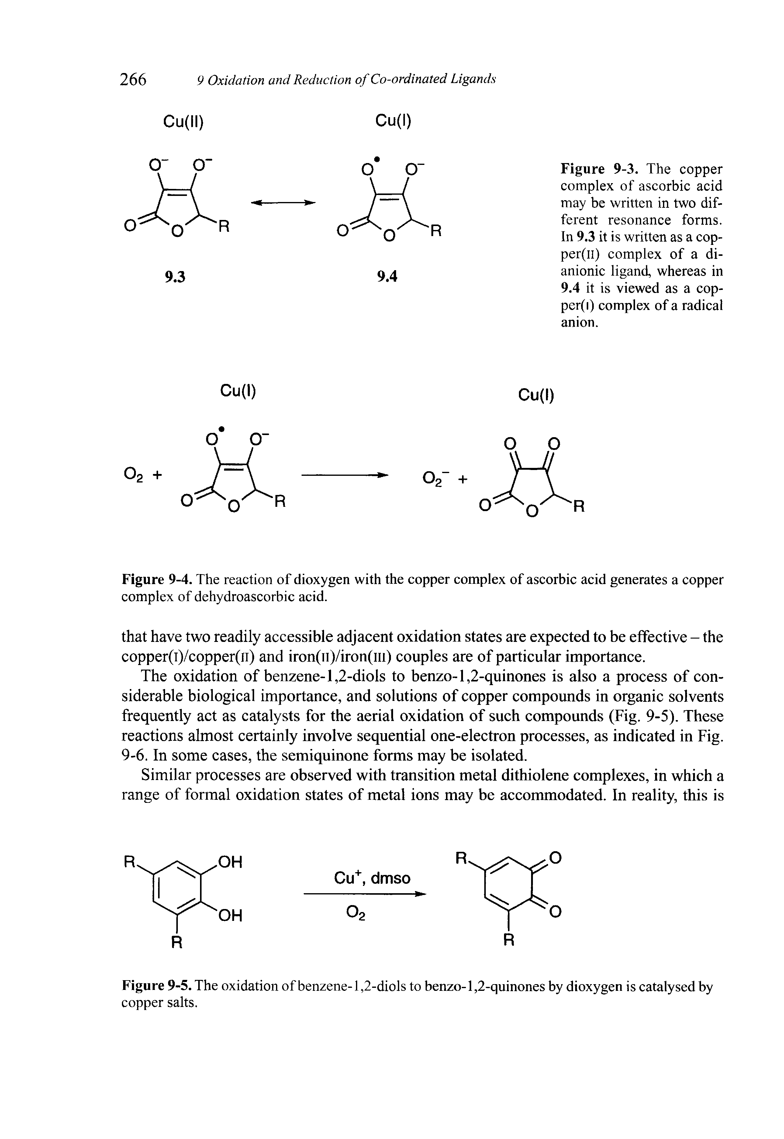 Figure 9-5. The oxidation of benzene-1,2-diols to benzo-l,2-quinones by dioxygen is catalysed by copper salts.