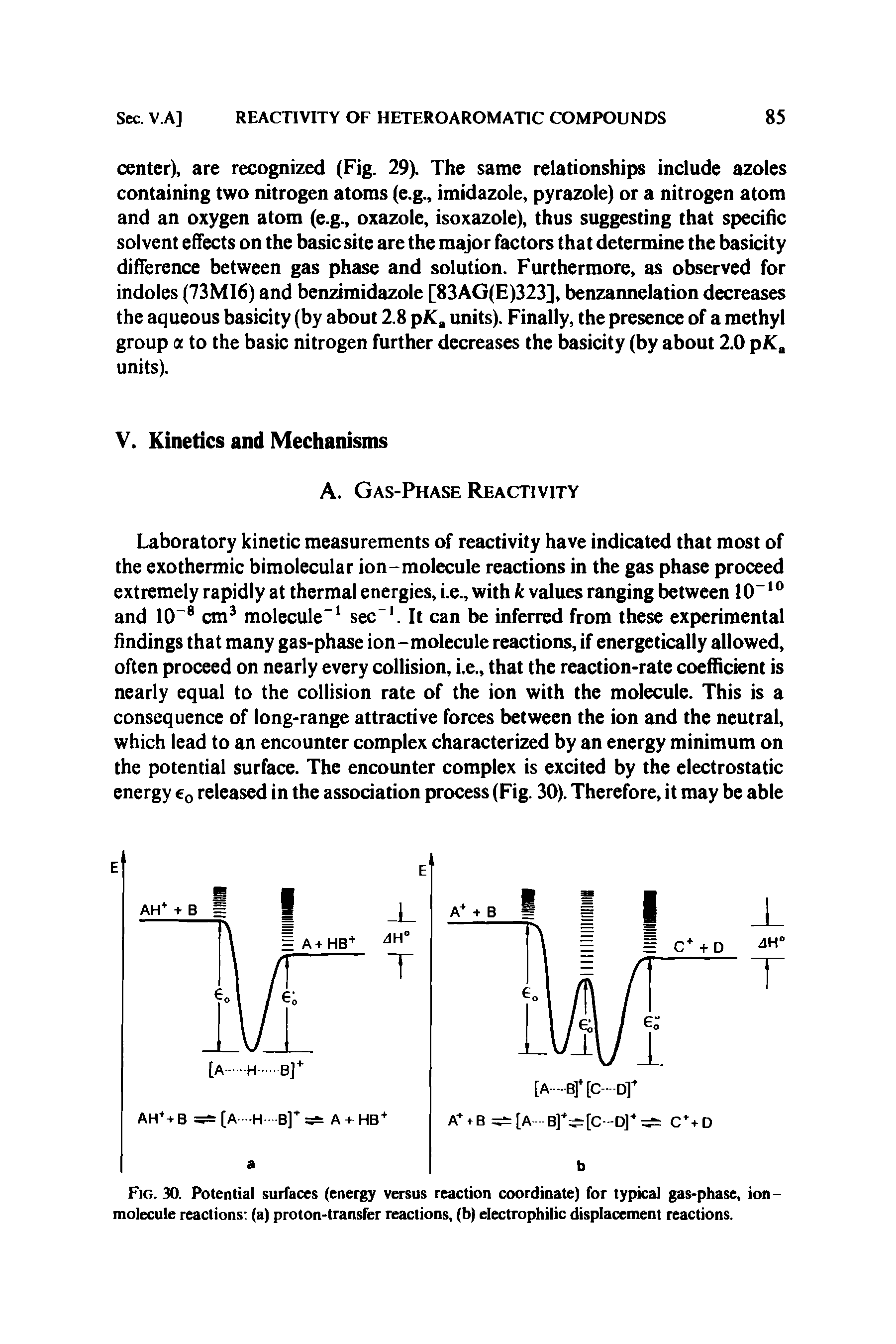 Fig. 30. Potential surfaces (energy versus reaction coordinate) for typical gas-phase, ion-molecule reactions (a) proton-transfer reactions, (b) electrophilic displacement reactions.