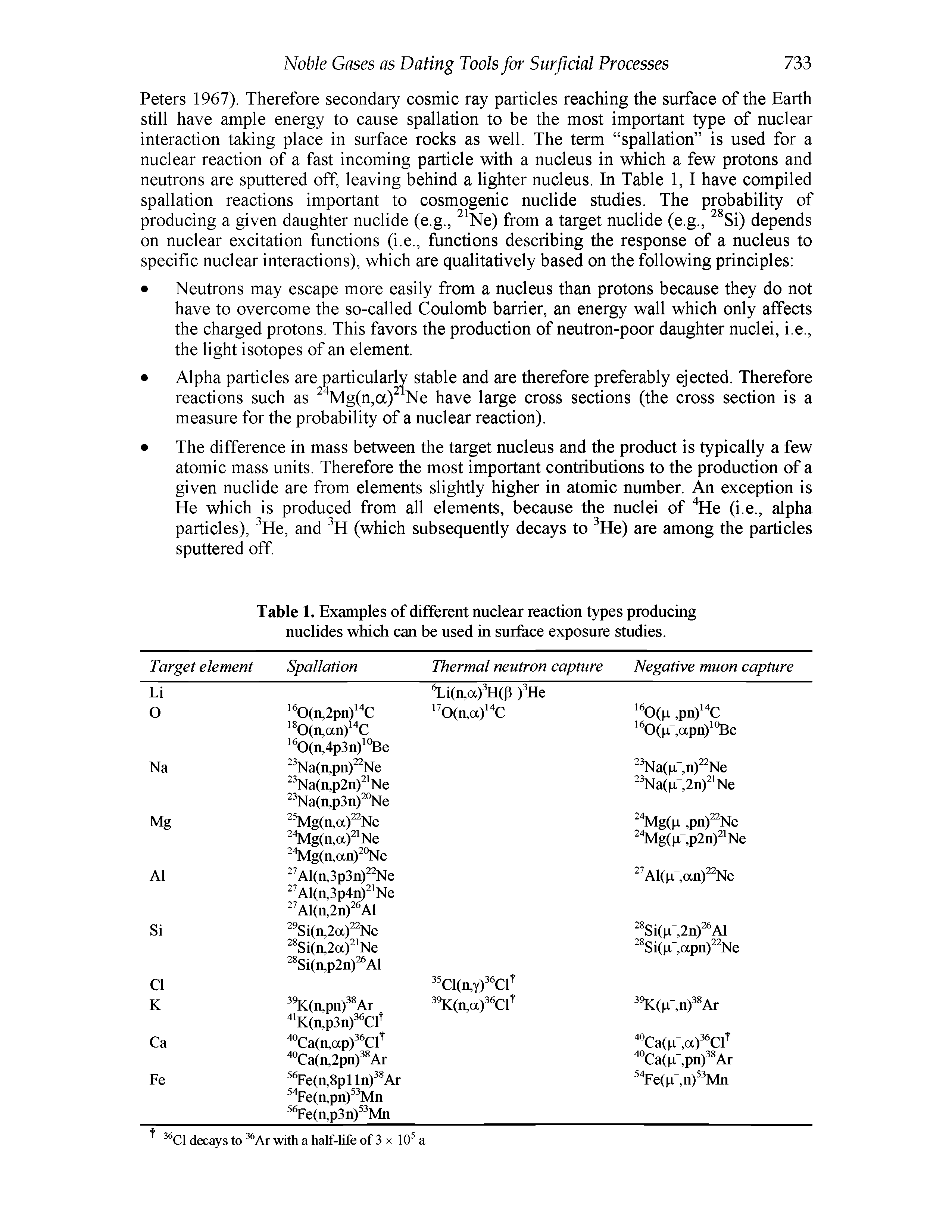 Table 1. Examples of different nuclear reaction types producing nuclides which can be used in surface exposure studies.