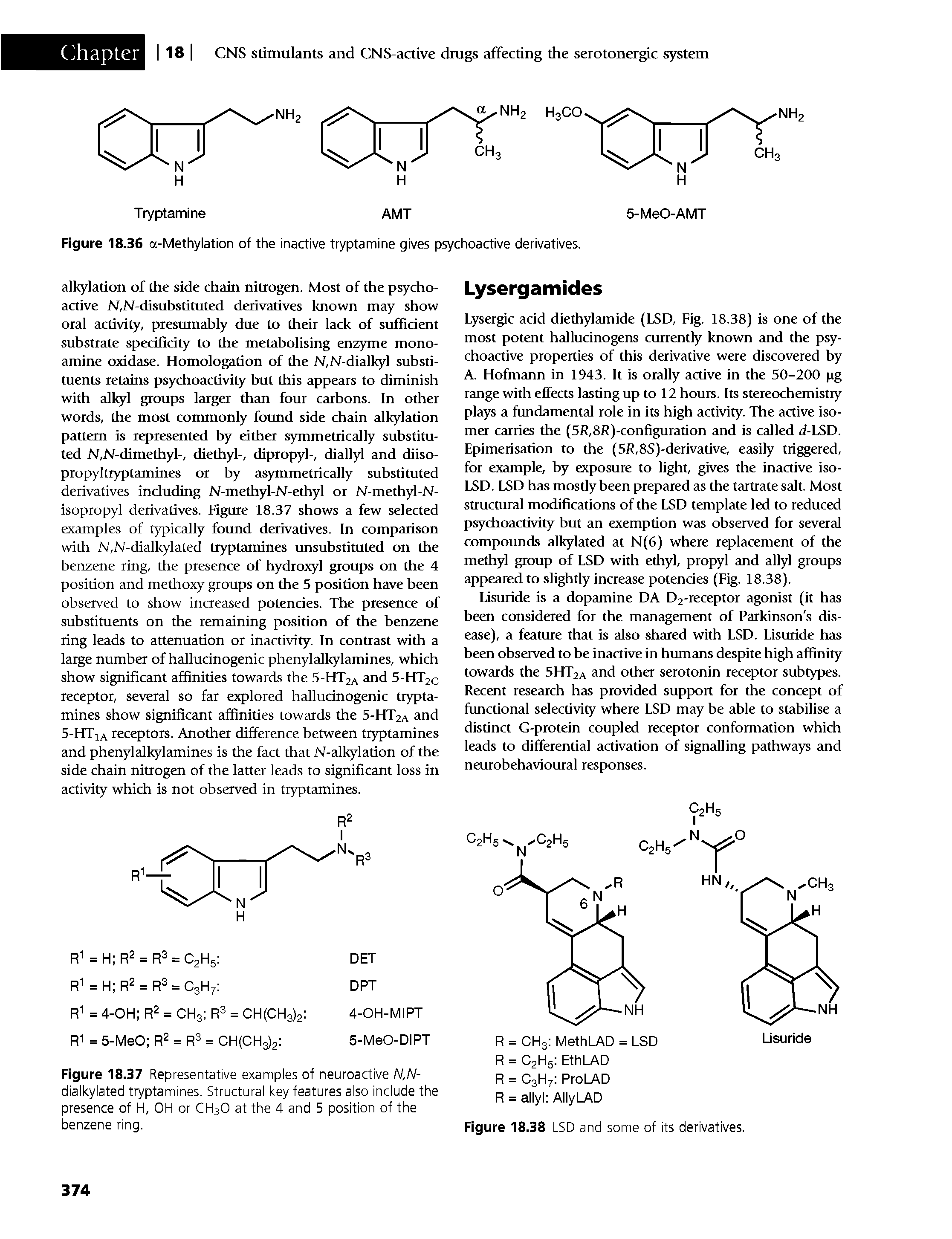 Figure 18.37 Representative examples of neuroactive N,N-dialkylated tryptamines. Structural key features also include the presence of H, OH or CH3O at the 4 and 5 position of the benzene ring.