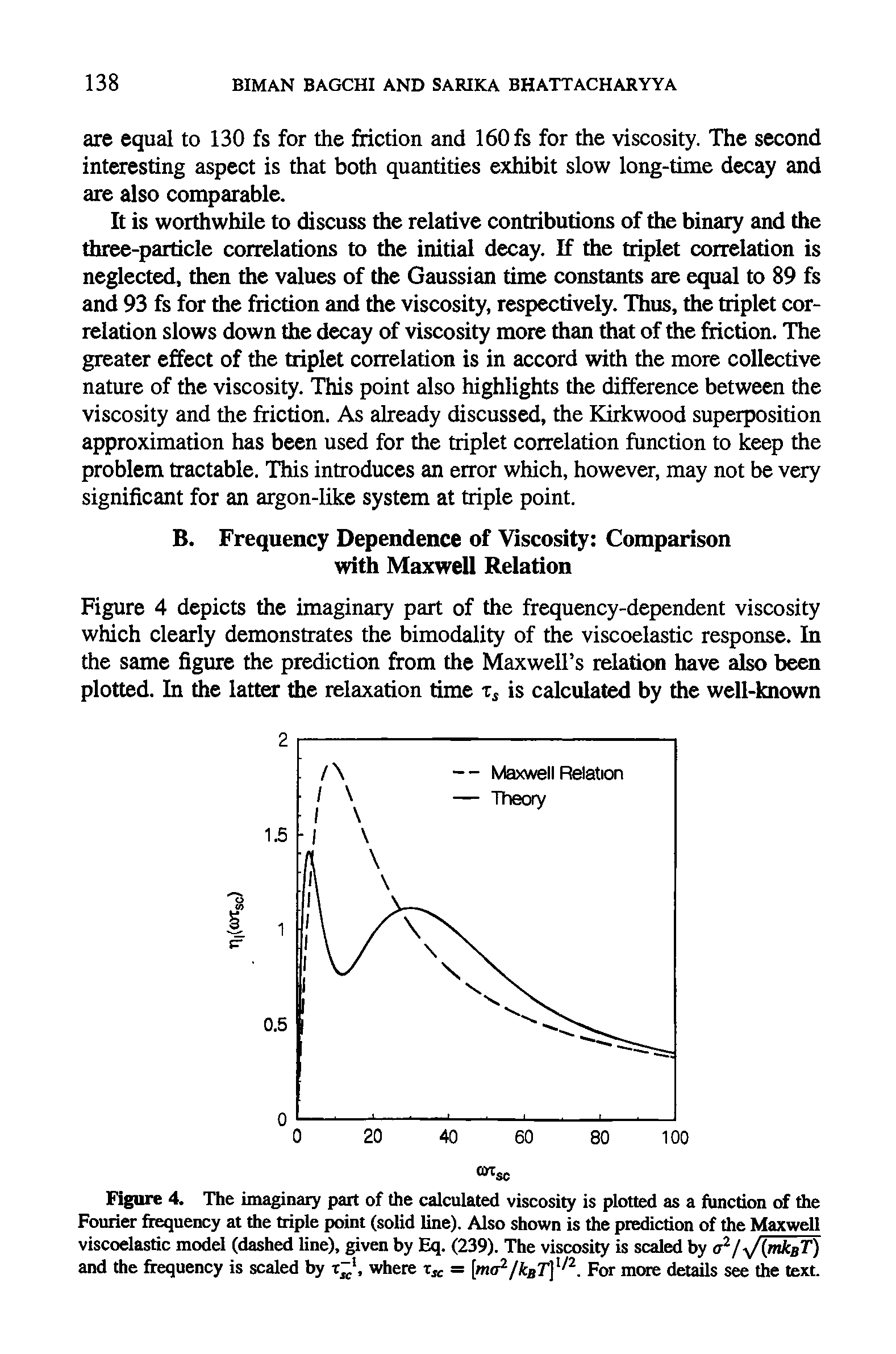 Figure 4. The imaginary part of the calculated viscosity is plotted as a function of the Fourier frequency at the triple point (solid line). Also shown is the prediction of the Maxwell viscoelastic model (dashed line), given by Eq. (239). The viscosity is scaled by a2/ /(mkBT) and the frequency is scaled by x l, where xsc = [ma2/kBT l/2. For more details see the text.