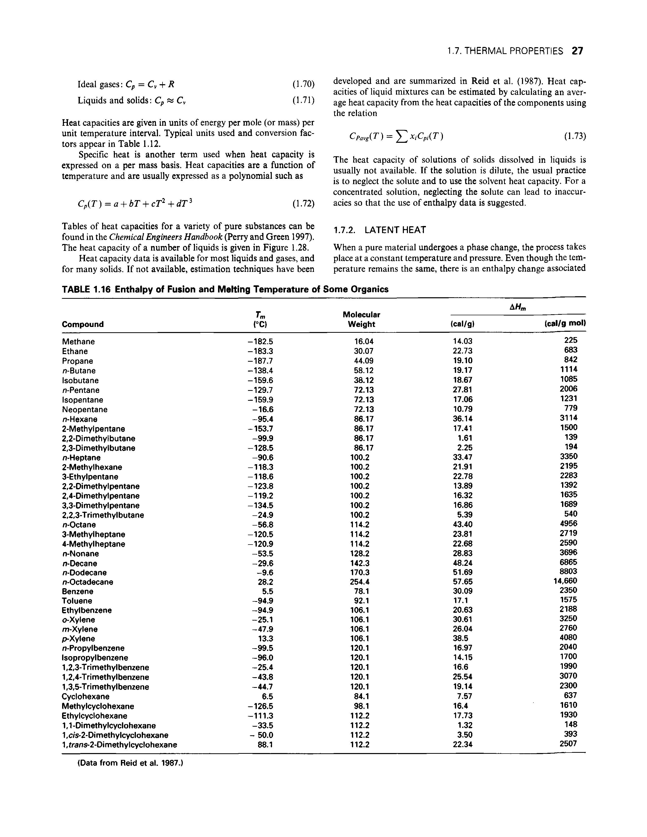 Tables of heat capacities for a variety of pure substances can be found in the Chemical Engineers Handbook (Perry and Green 1997). The heat capacity of a number of liquids is given in Figure 1.28.