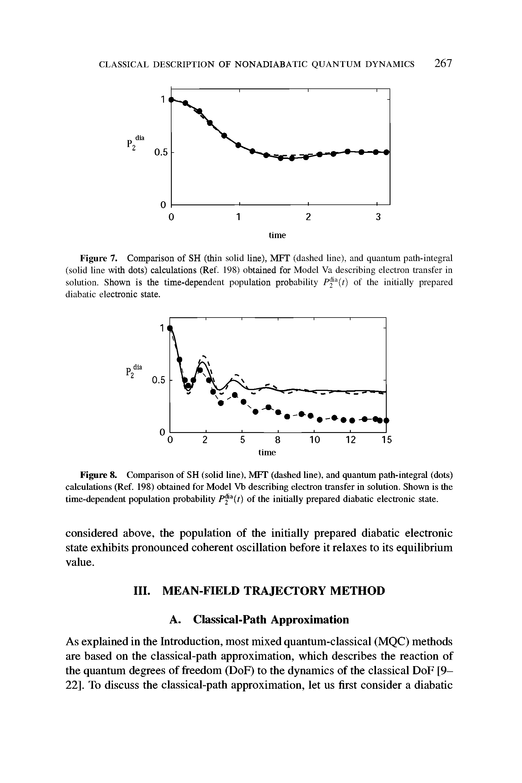 Figure 7. Comparison of SH (thin solid line), MFT (dashed line), and quantum path-integral (solid line with dots) calculations (Ref. 198) obtained for Model Va describing electron transfer in solution. Shown is the time-dependent population probability Pf t) of the initially prepared diabatic electronic state.