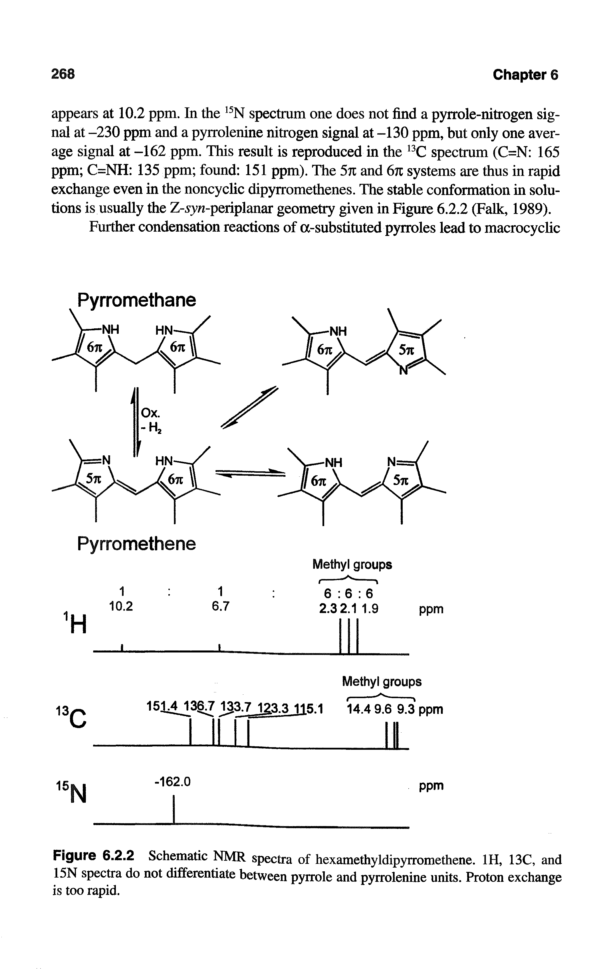 Figure 6.2.2 Schematic NMR spectra of hexamethyldipyrromethene. IH, 13C, and 15N spectra do not differentiate between pyrrole and pyrrolenine units. Proton exchange is too rapid.