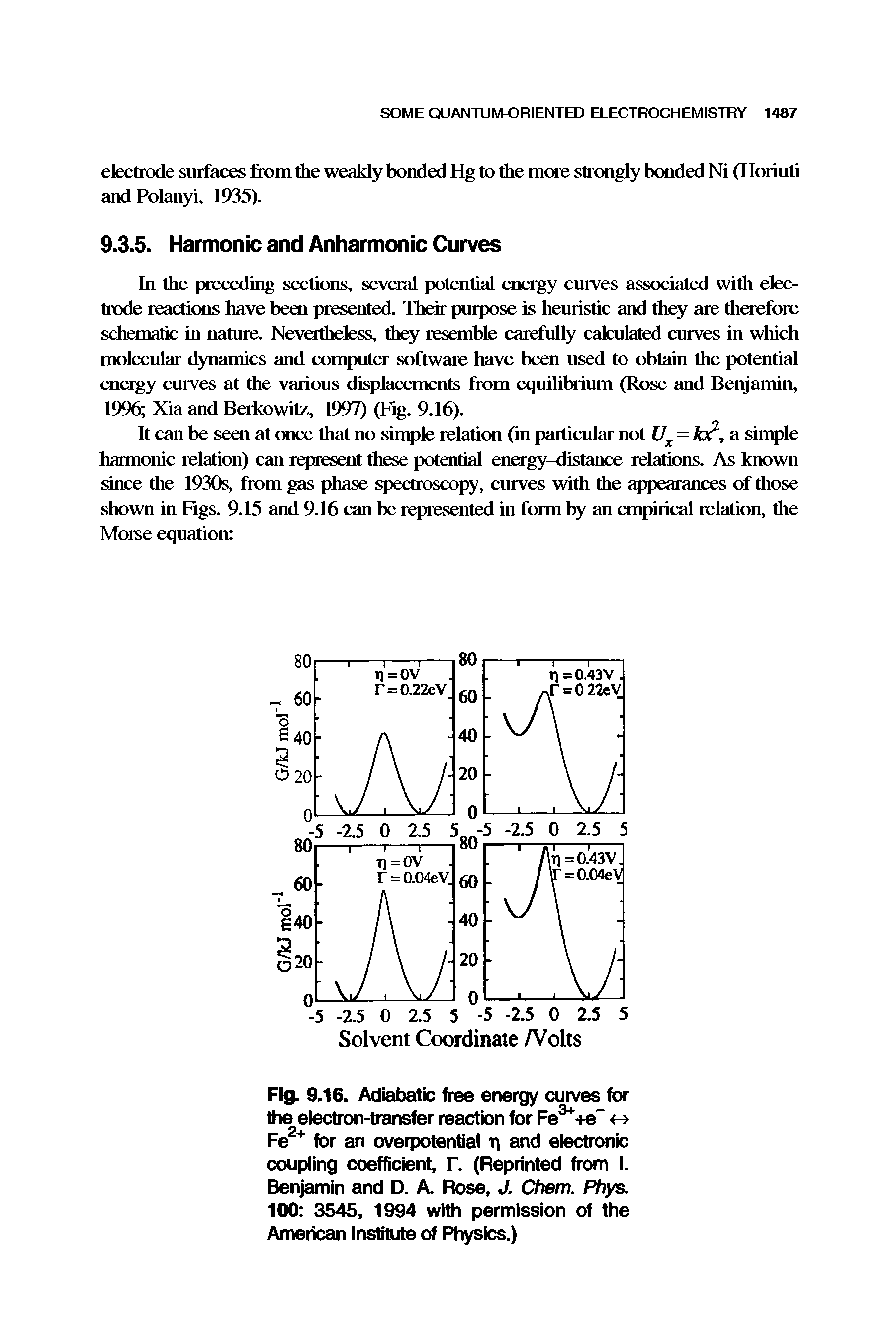 Fig. 9.16. Adiabatic free energy curves for the electron-transfer reaction for Fe +e-Fe2+ for an overpotential q and electronic coupling coefficient, r. (Reprinted from I. Benjamin and D. A. Rose, J. Chem. Phys. 100 3545, 1994 with permission of the American Institute of Physics.)...