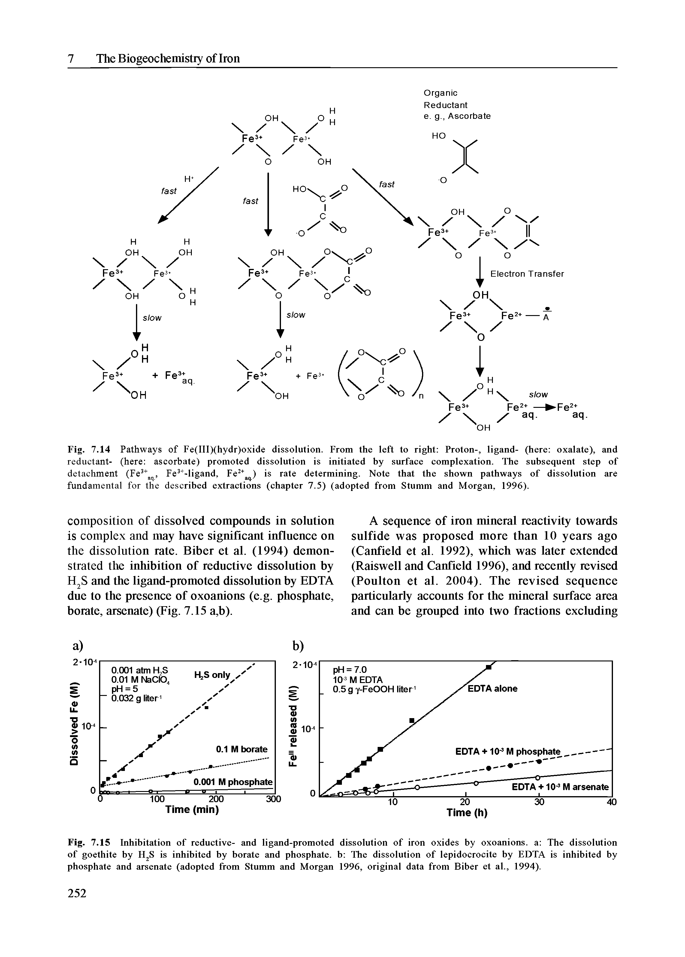 Fig. 7.15 Inhibitation of reductive- and ligand-promoted dissolution of iron oxides by oxoanions. a The dissolution of goethite by H S is inhibited by borate and phosphate, b The dissolution of lepidocrocite by EDTA is inhibited by phosphate and arsenate (adopted from Stumm and Morgan 1996, original data from Biber et at, 1994).