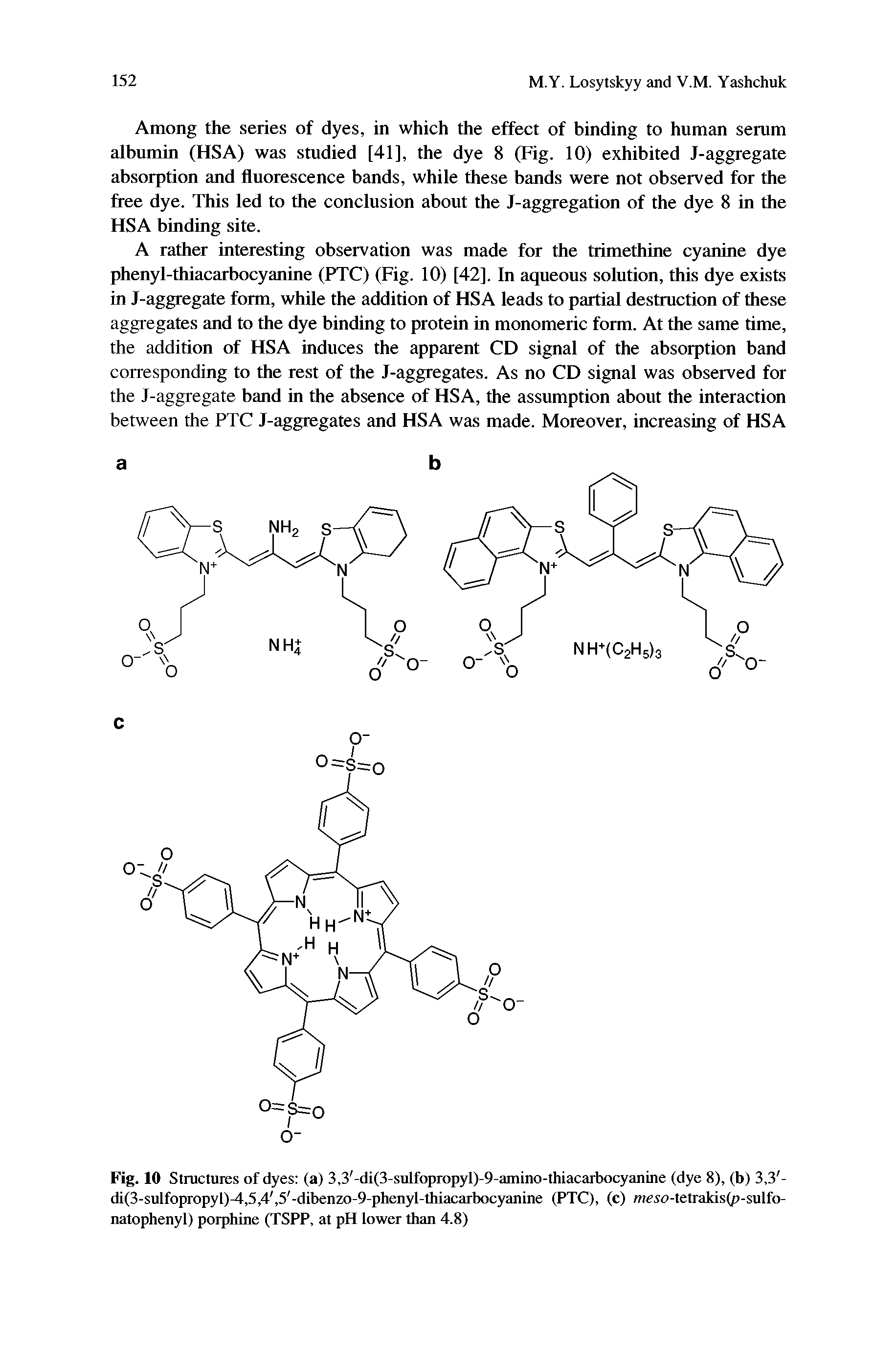 Fig. 10 Structures of dyes (a) 3,3 -di(3-sulfopropyl)-9-amino-thiacarbocyanine (dye 8), (b) 3,3 -di(3-sulfopropyl)-4,5,4, 5 -dibenzo-9-phcnyl-thiacarbocyanine (PTC), (c) meso-tetrakis(p-sulfo-natophenyl) porphine (TSPP, at pH lower than 4.8)...