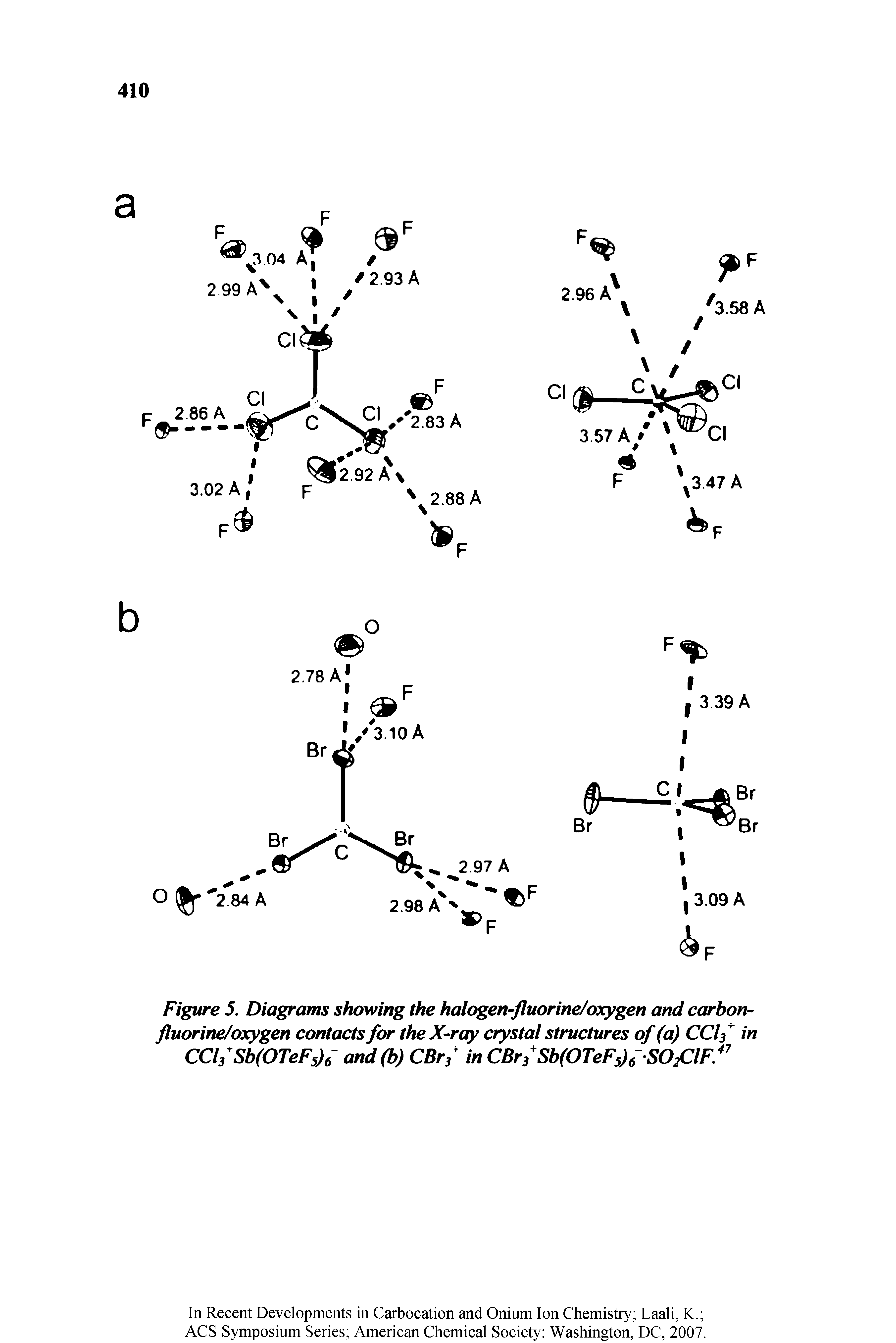 Figure 5. Diagrams showing the halogen-fluorine/oxygen and carbon-fluorine/oxygen contacts for the X-ray crystal structures of (a) CClf in CClfSb(OTeFs)6- cmd(b) CBr3 in CBr/Sb(OTeF5)6 SO/ iF.47...