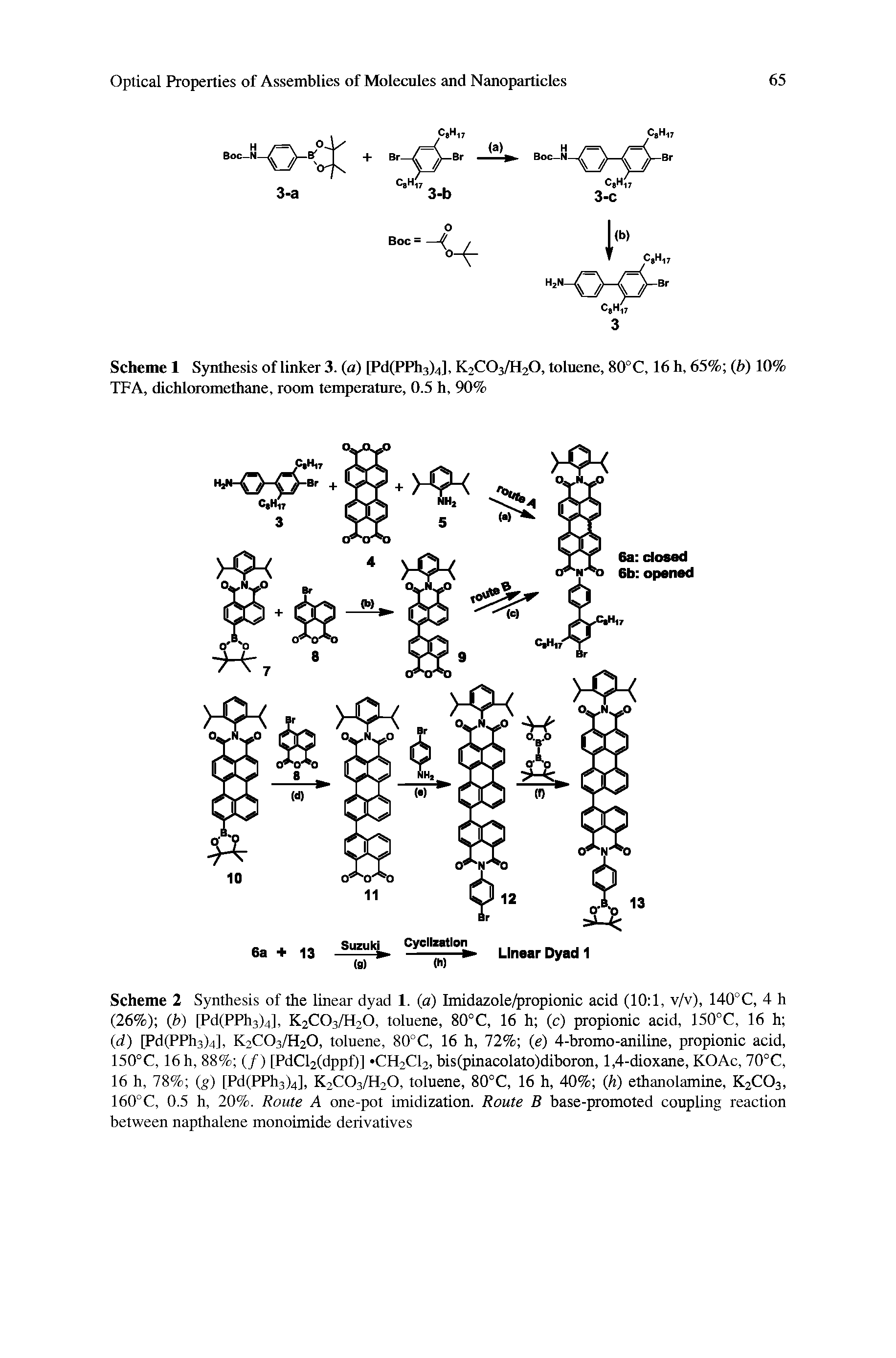 Scheme 2 Synthesis of the linear dyad 1. (a) Imidazole ropionic acid (10 1, v/v), 140°C, 4 h (26%) (b) Pd(PPh3)4], K2CO3/H2O, toluene, 80°C, 16 h (c) propionic acid, 150°C, 16 h (d) Pd(PPh3)4], K2CO3/H2O, toluene, 80°C, 16 h, 72% (e) 4-bromo-aniline, propionic acid, 150°C, 16 h, 88% (/) [PdCl2(dppf)] CH2CI2, bis(pinacolato)diboron, 1,4-dioxane, KOAc, 70°C, 16 h, 78% (g) [Pd(PPh3>4], K2CO3/H2O, toluene, 80°C, 16 h, 40% (h) ethanolamine, K2CO3, 160°C, 0.5 h, 20%. Route A one-pot imidization. Route B base-promoted coupling reaction between napthalene monoimide derivatives...