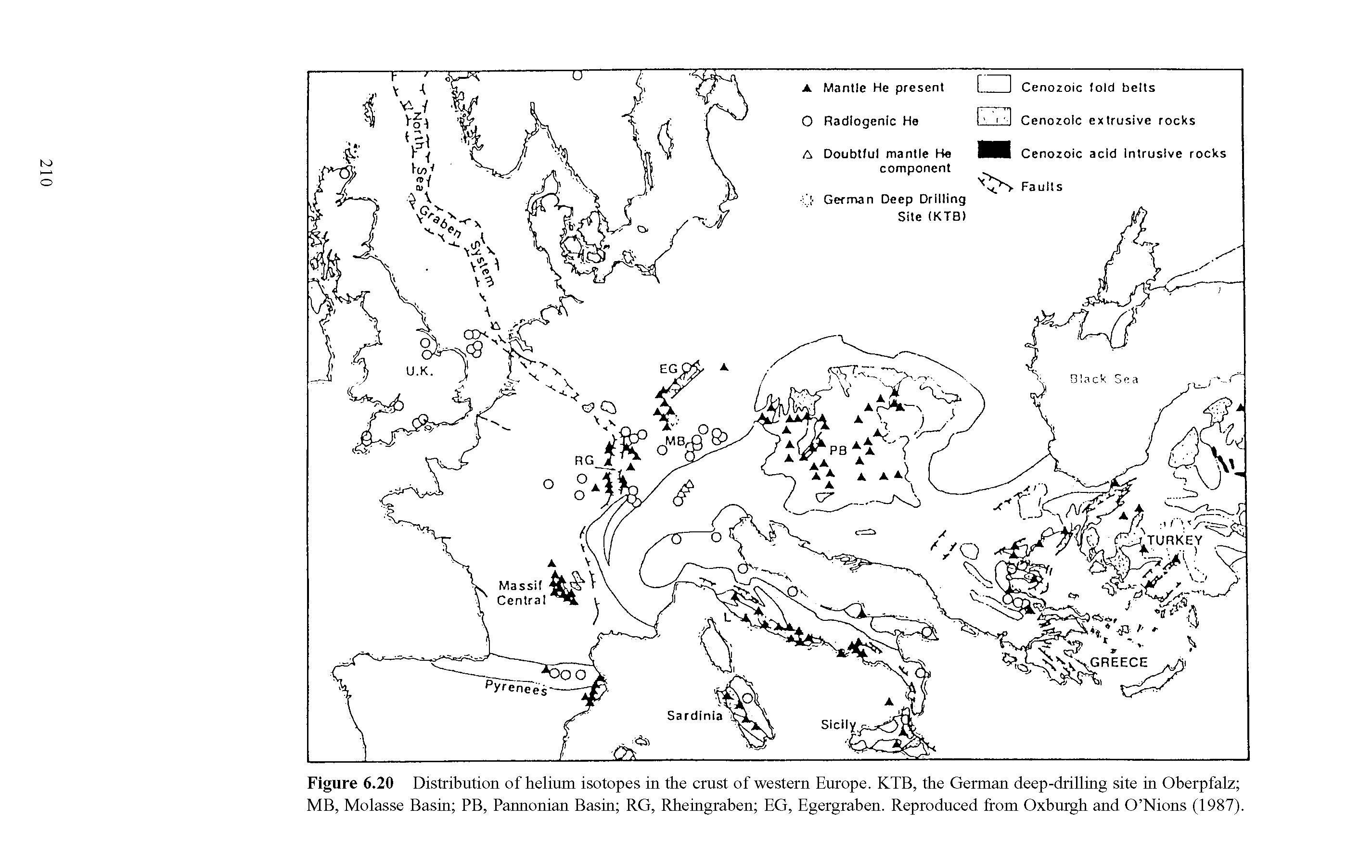 Figure 6.20 Distribution of helium isotopes in the crust of western Europe. KTB, the German deep-drilling site in Oberpfalz MB, Molasse Basin PB, Pannonian Basin RG, Rheingraben EG, Egergraben. Reproduced from Oxburgh and O Nions (1987).