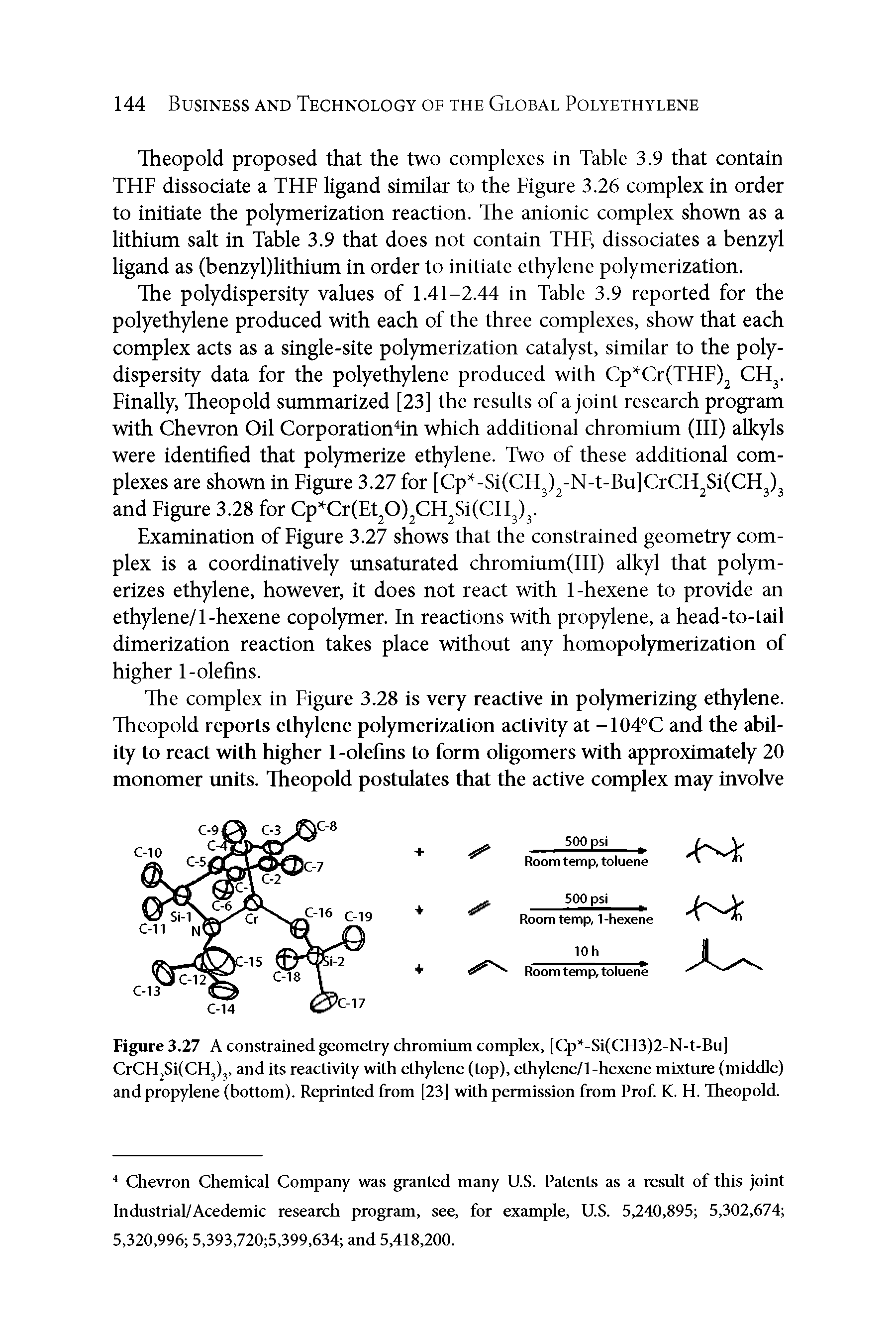 Figure 3.27 A constrained geometry chromium complex, [Cp -Si(CH3)2-N-t-Bu] CrCHjSKCHjlj, and its reactivity with ethylene (top), ethylene/l-hexene mixture (middle) and propylene (bottom). Reprinted from [23] with permission from Prof K. H. Theopold.