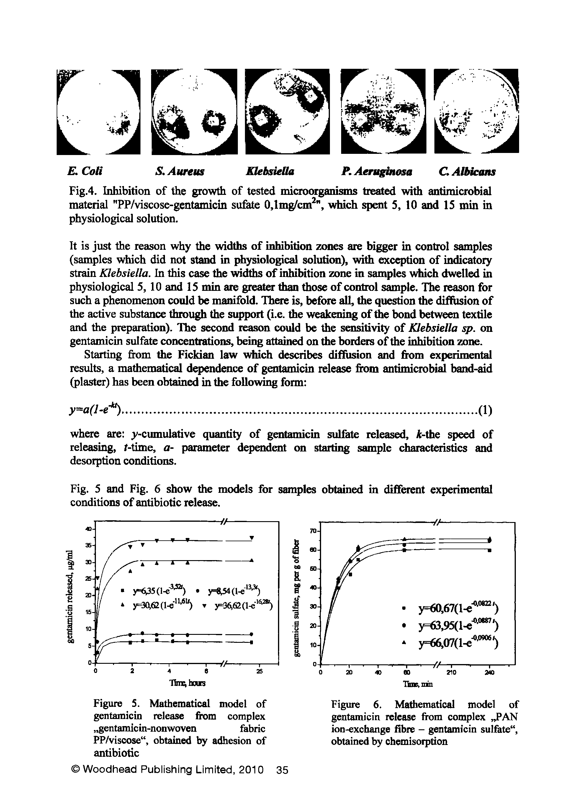 Fig.4. Inhibition of the groiwth of tested microorganisms treated with antimicrobial material "PP/viscose-gentamicin su te 0,lmg/cm, which spent 5, 10 and IS min in physiological solution.