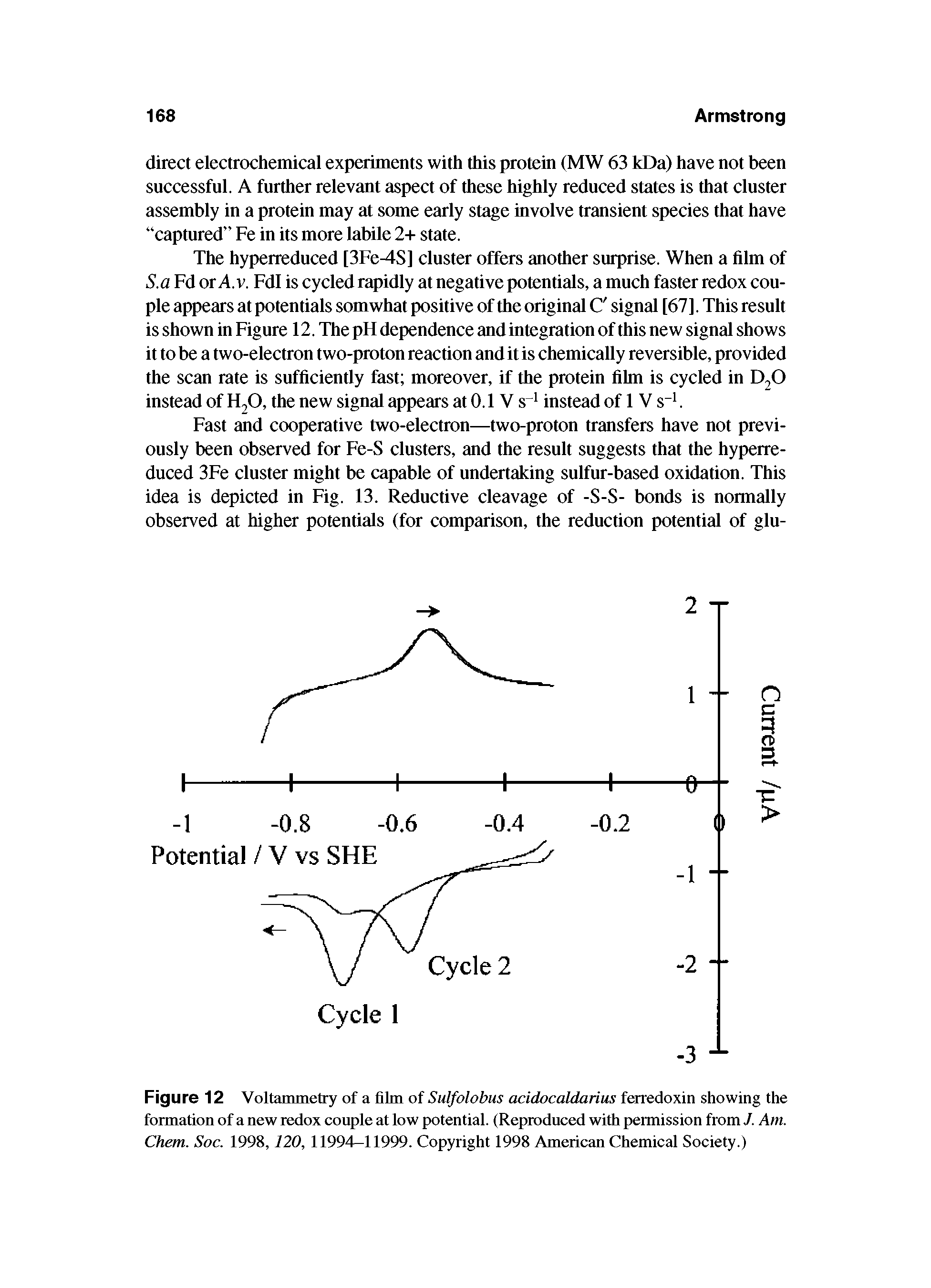 Figure 12 Voltammetry of a film of Sulfolobus acidocaldarius ferredoxin showing the formation of a new redox couple at low potential. (Reproduced with permission from J. Am. Chem. Soc. 1998,120, 11994—11999. Copyright 1998 American Chemical Society.)...