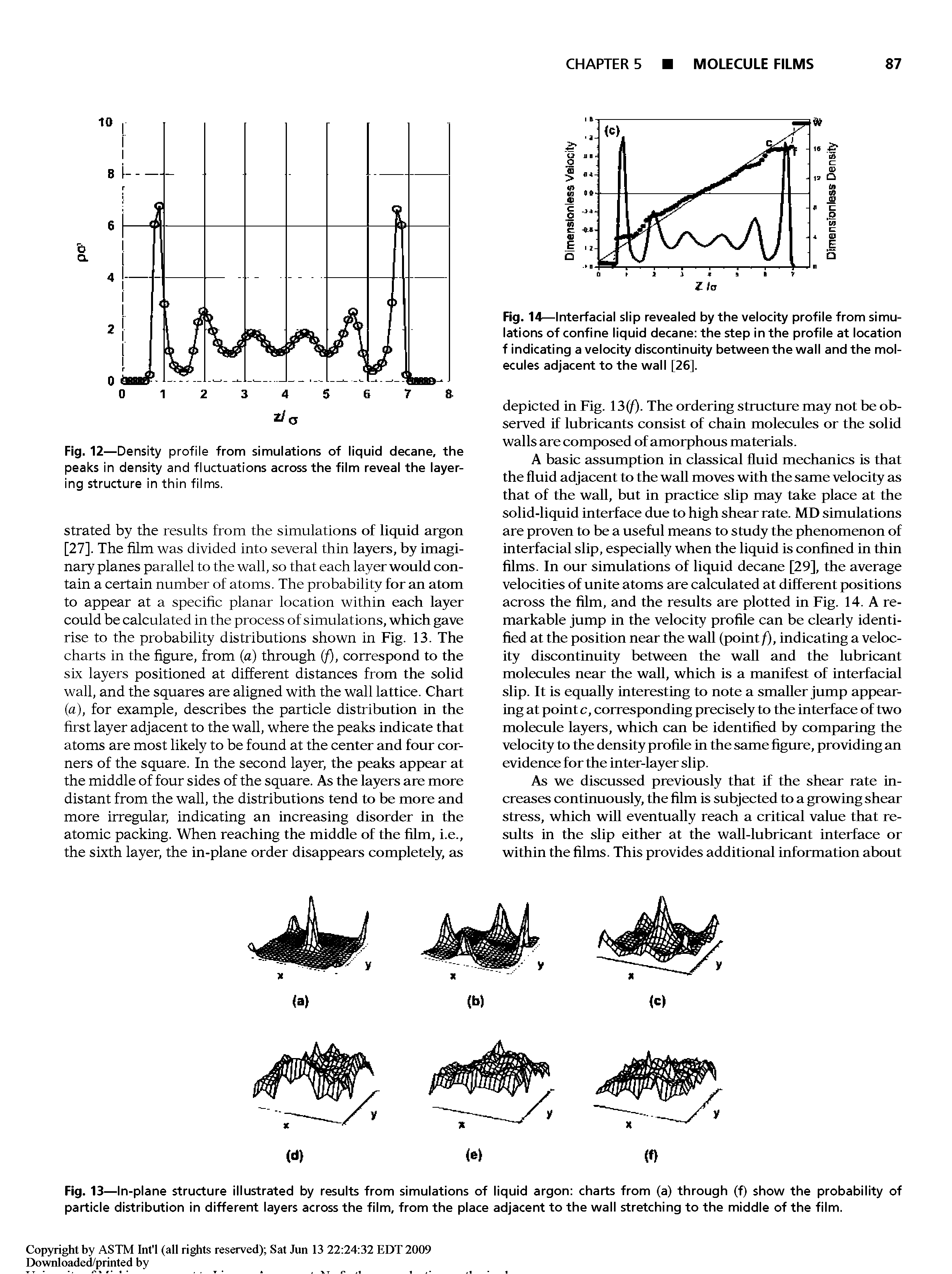 Fig. 14—Interfacial slip revealed by the velocity profile from simulations of confine liquid decane the step in the profile at location f indicating a velocity discontinuity between the wall and the molecules adjacent to the wall [26].