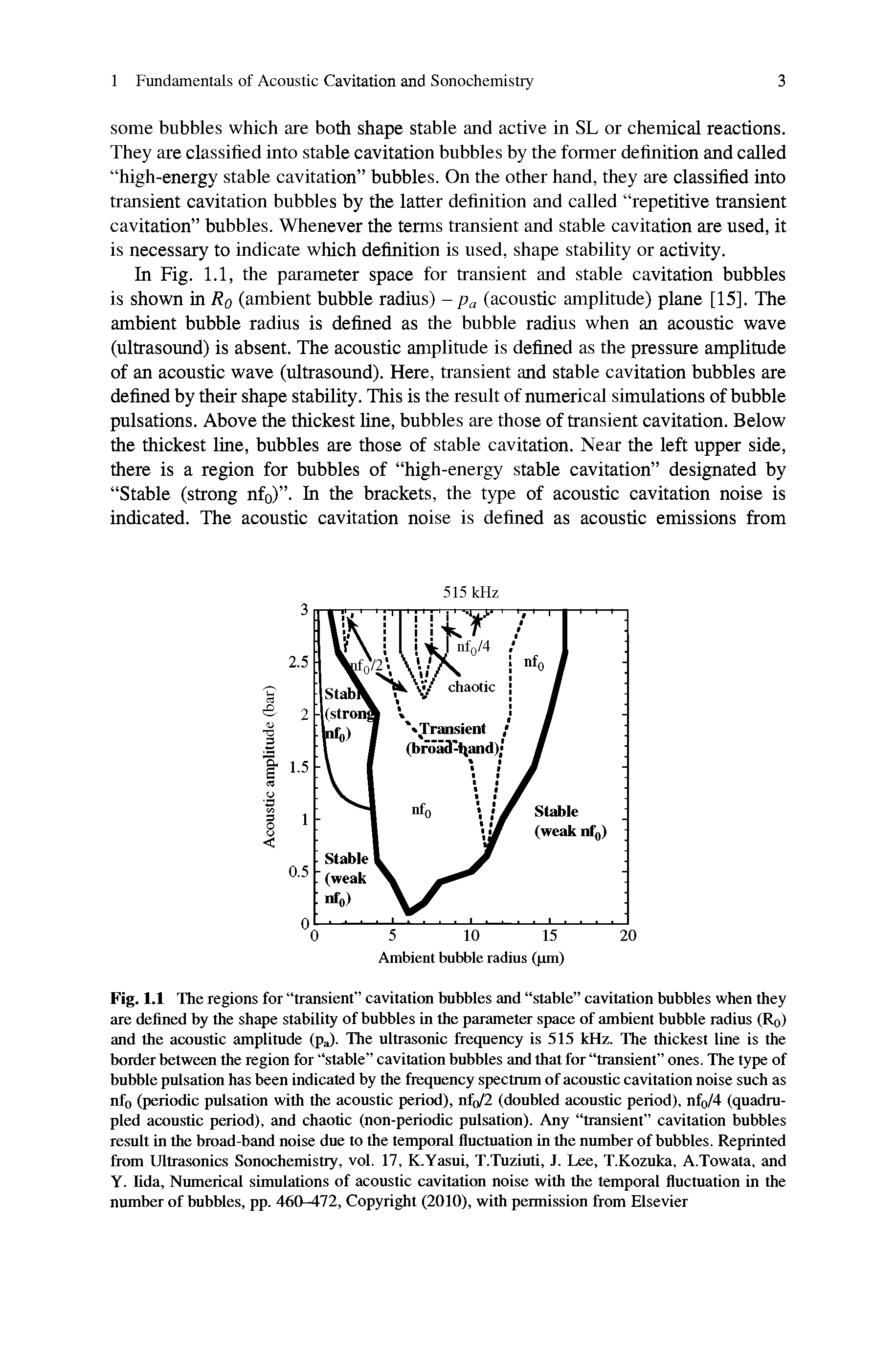 Fig. 1.1 The regions for transient cavitation bubbles and stable cavitation bubbles when they are defined by the shape stability of bubbles in the parameter space of ambient bubble radius (R0) and the acoustic amplitude (p ). The ultrasonic frequency is 515 kHz. The thickest line is the border between the region for stable cavitation bubbles and that for transient ones. The type of bubble pulsation has been indicated by the frequency spectrum of acoustic cavitation noise such as nf0 (periodic pulsation with the acoustic period), nfo/2 (doubled acoustic period), nf0/4 (quadrupled acoustic period), and chaotic (non-periodic pulsation). Any transient cavitation bubbles result in the broad-band noise due to the temporal fluctuation in the number of bubbles. Reprinted from Ultrasonics Sonochemistry, vol. 17, K.Yasui, T.Tuziuti, J. Lee, T.Kozuka, A.Towata, and Y. Iida, Numerical simulations of acoustic cavitation noise with the temporal fluctuation in the number of bubbles, pp. 460-472, Copyright (2010), with permission from Elsevier...