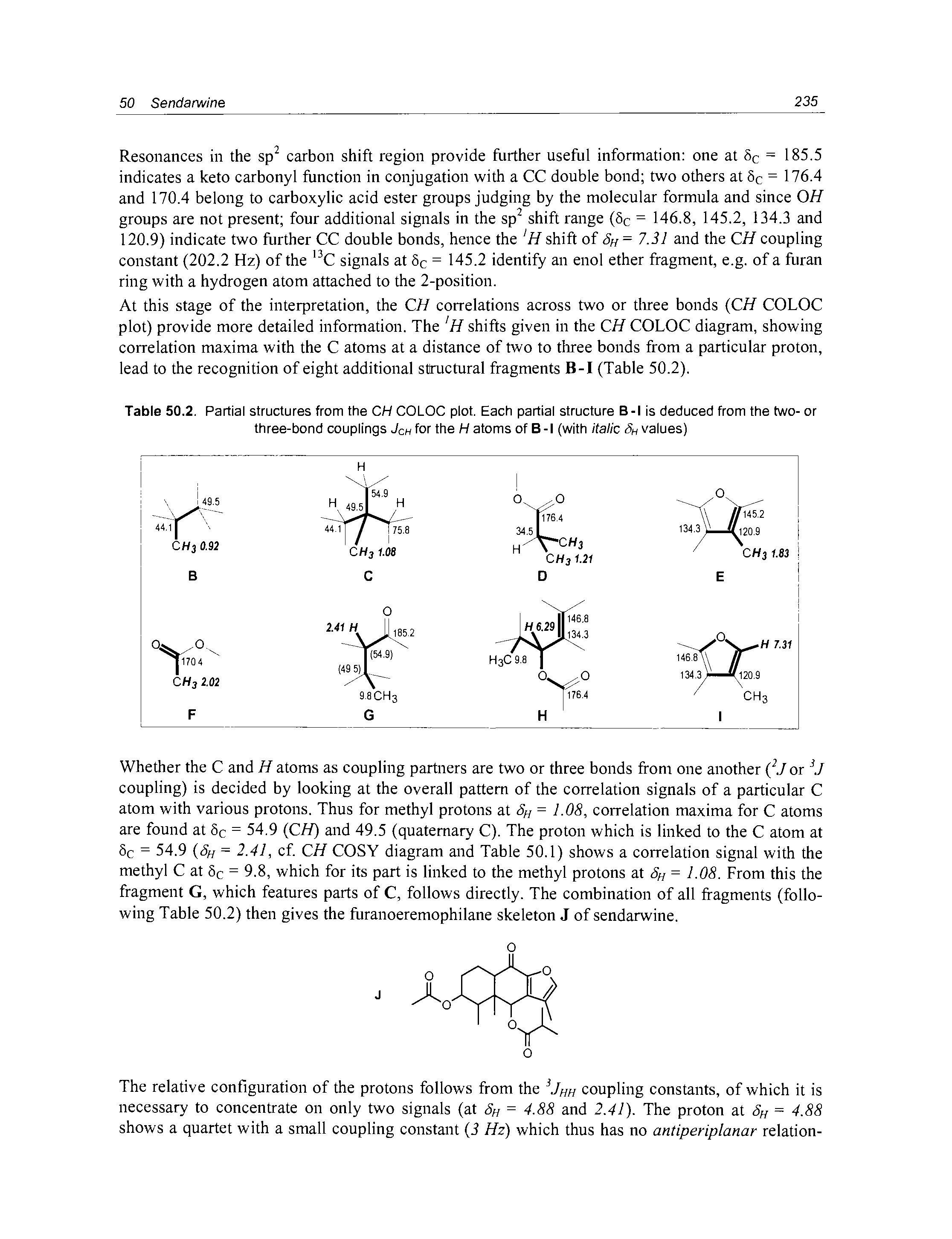 Table 50.2. Partial structures from the CH COLOC plot. Each partial structure B-I is deduced from the two- or three-bond couplings Jew for the H atoms of B-I (with italic values)...